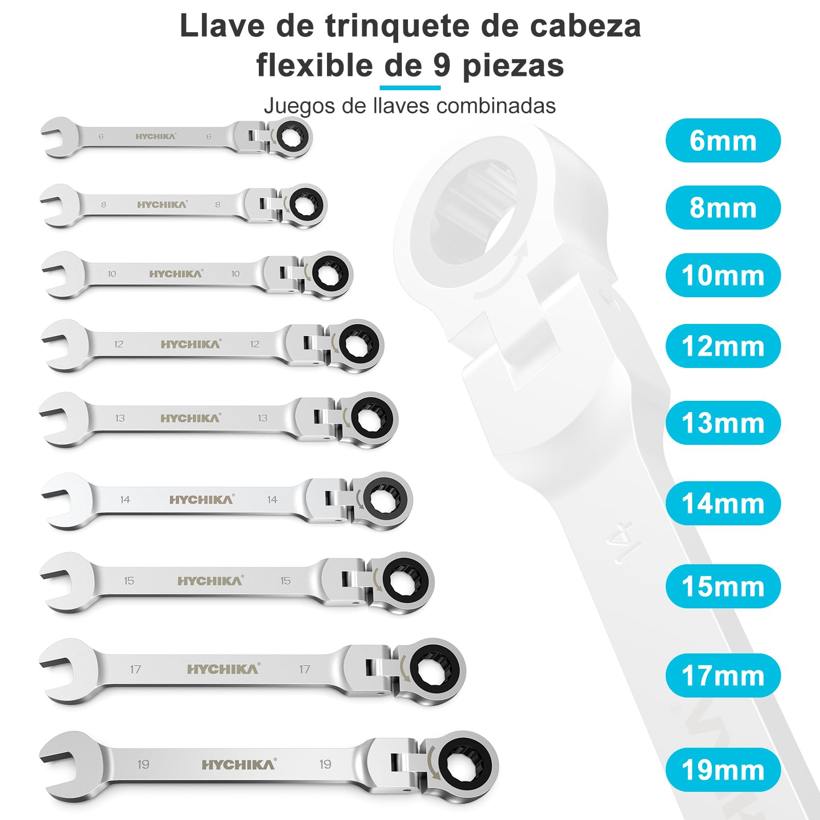 Juego Llaves Fijas Con Carraca 9 Piezas HYCHIKA - Medidas 6-19mm, Trinquete 72 Dientes, Acero Cromo-vanadio, Bolsa Almacenamiento