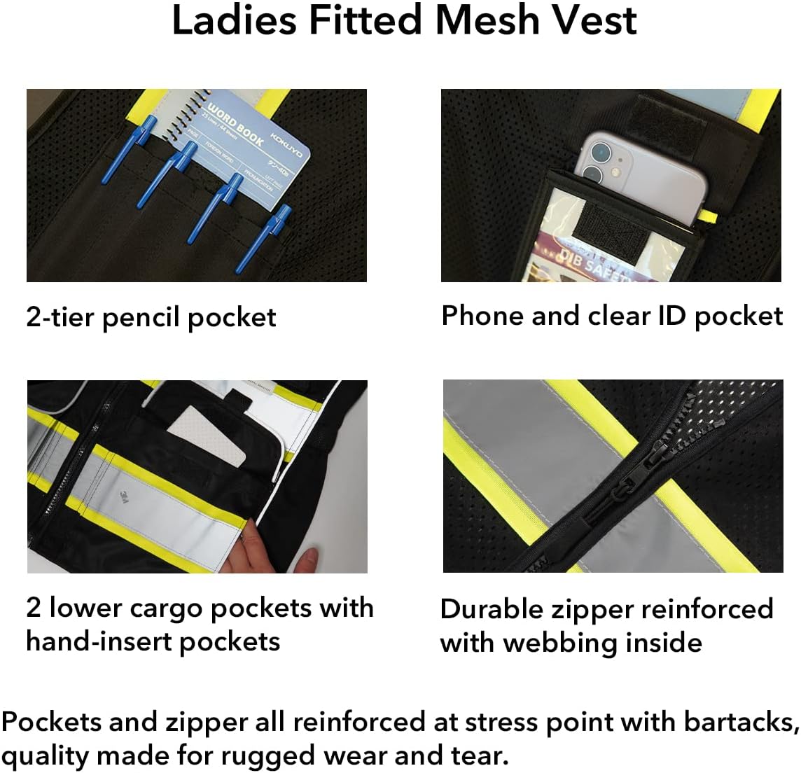 Dib Safety Vest for Women with Pockets, Mesh Reflective Vest High Visibility, ANSI Class 2 Made with 3M Reflective Tape, Black S - Image 4