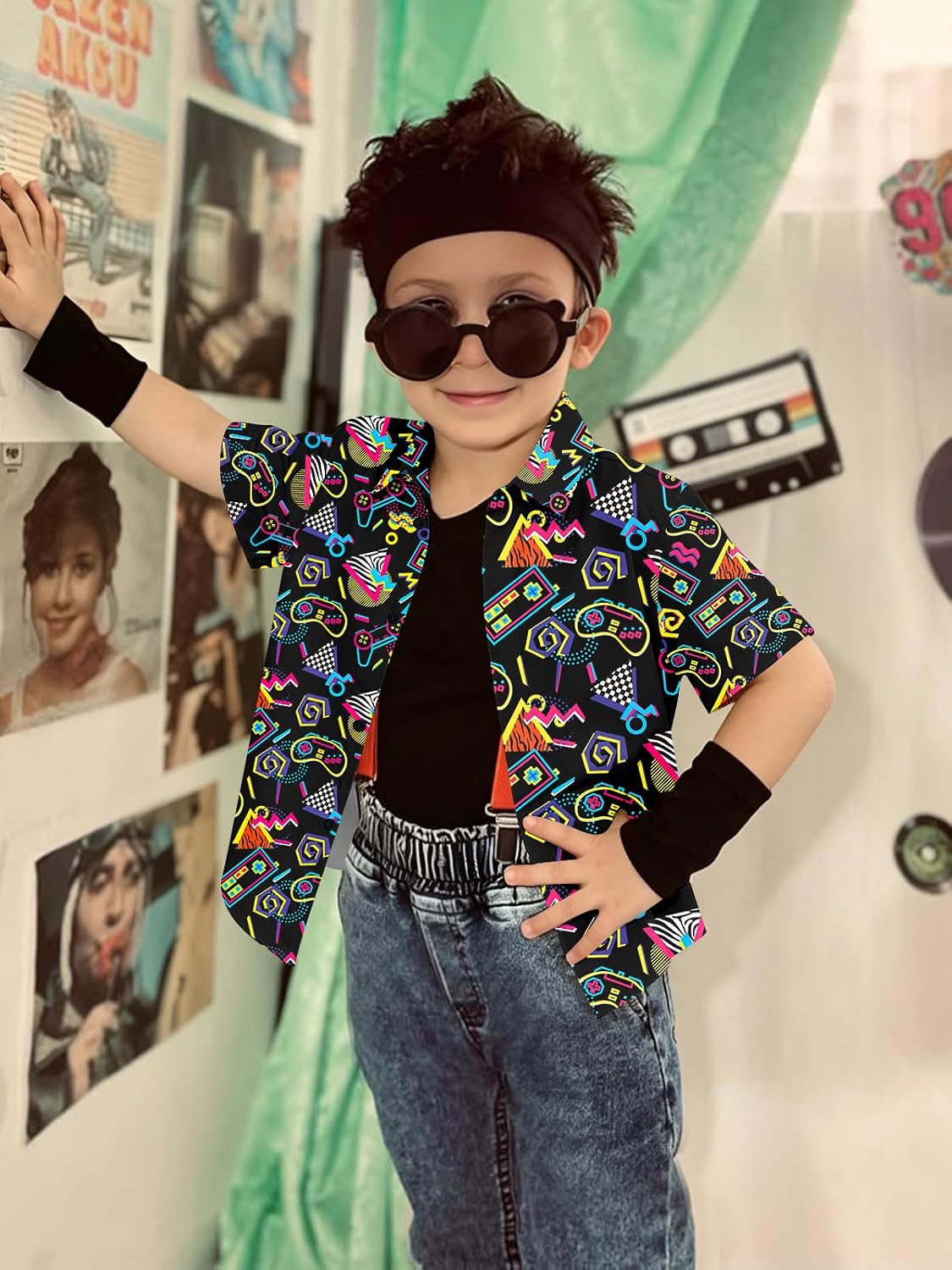 Boys Hawaiian Shirt 80s 90s Outfit for Kids Button Down Tops 5-14T