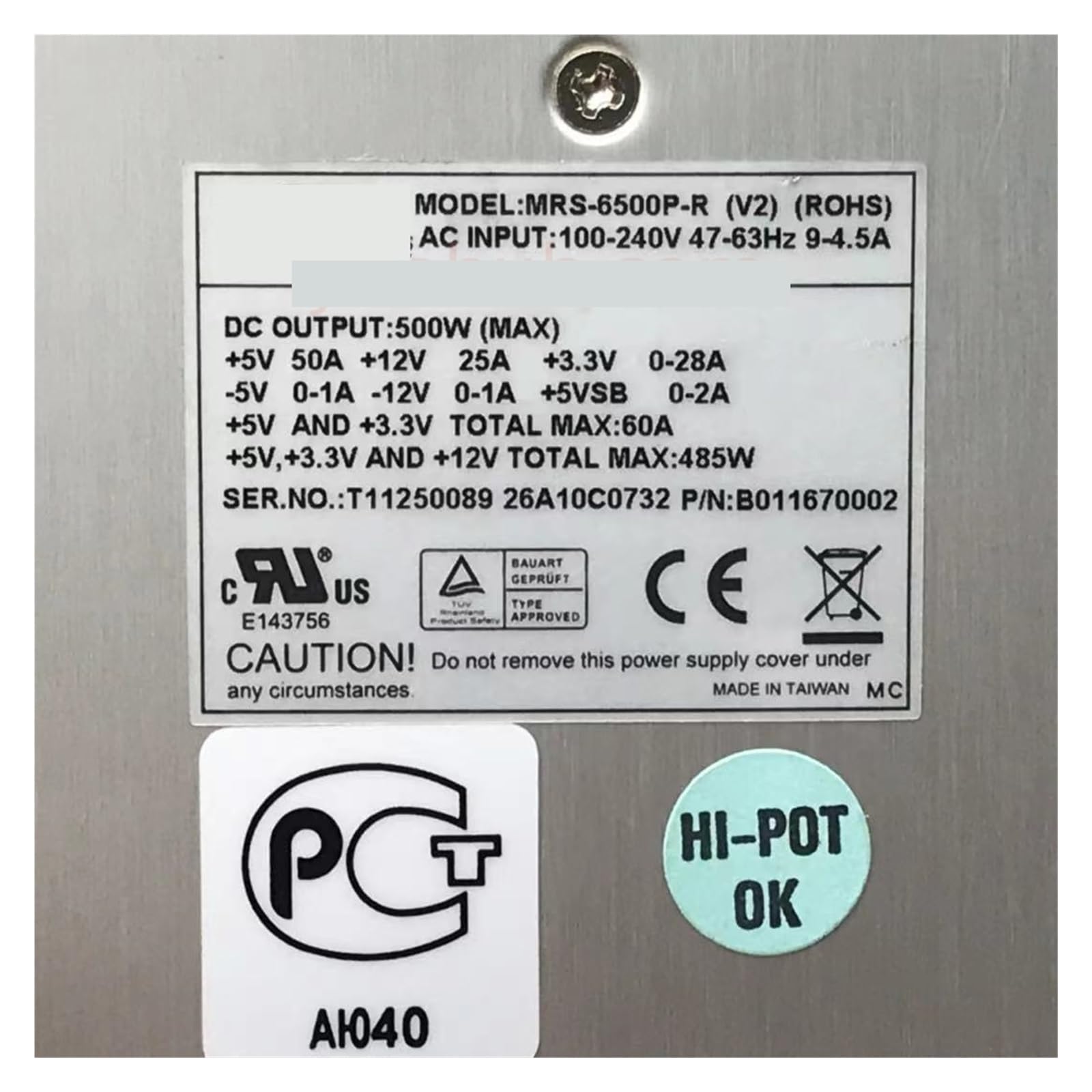 MRS-6500P-R B011670002 Alimentation Serveur 500W
