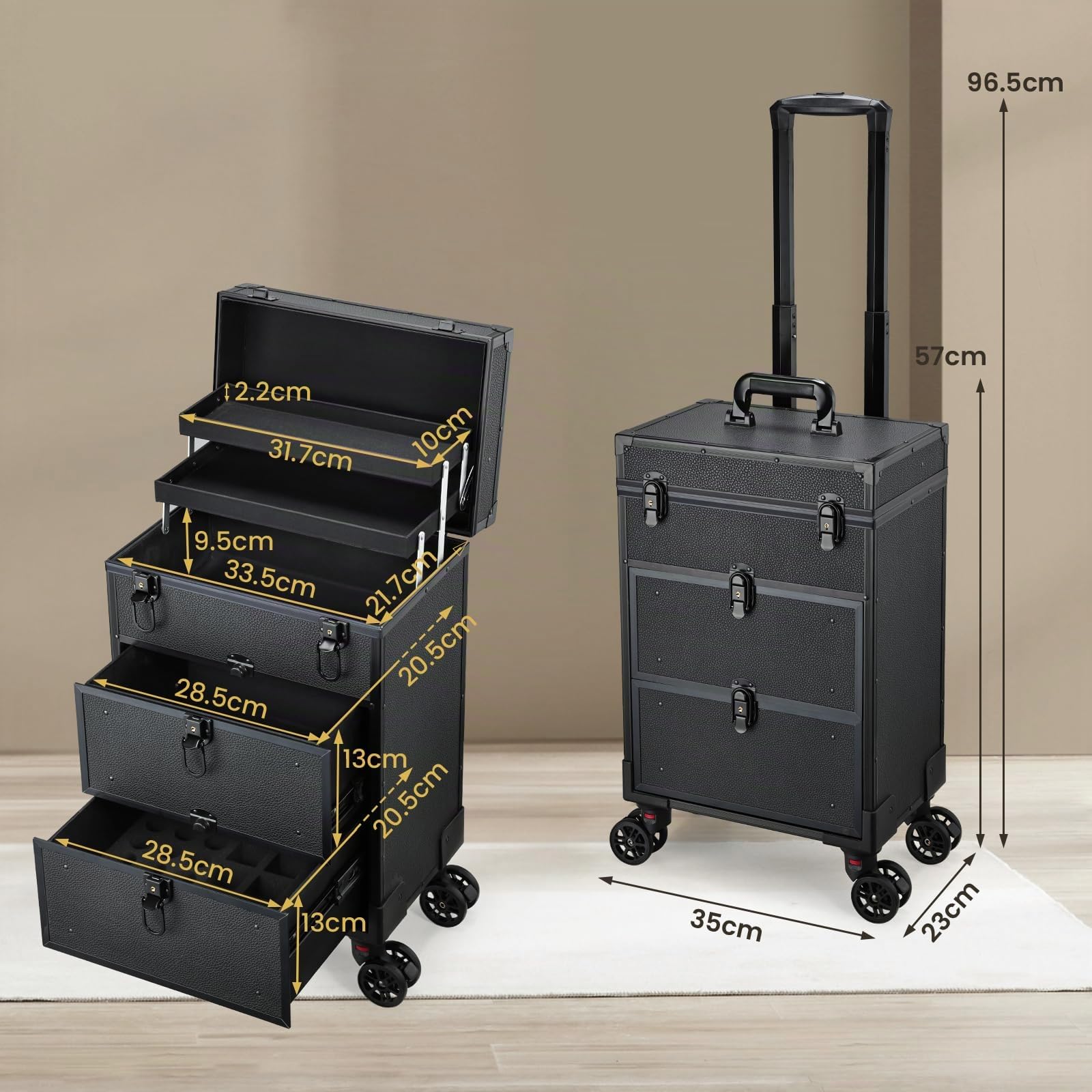 Maleta de Maquillaje, Maletín de Manicuría y Peluquería con Ruedas 360°, Mango Telescópico, 2 Bandejas y 2 Cajones, Impermeable, Negro