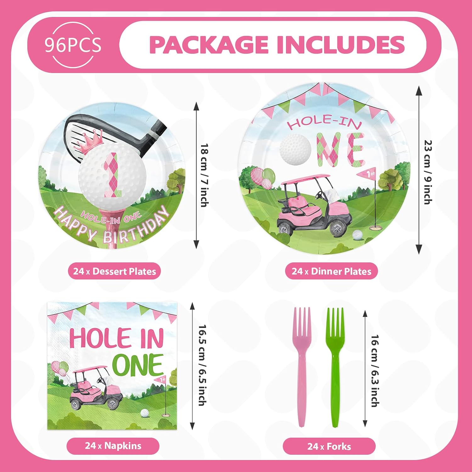 96 Pcs Pink Golf First Birthday Party Decorations Hole In One Paper Plates and Napkins Disposable Golf Ball Sport Game Club Tableware Set for Kids Girls 1st Birthday Party Supplies Serves 24