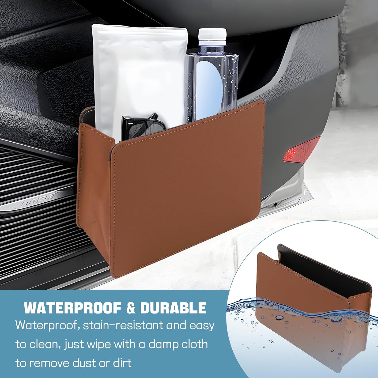 wuyaoyao Hanging Mini Car Trash Can, Foldable Leather Garbage Can, Waterproof Small Auto Door Organizer, Multifunctional Vehicle Trash Bin Storage Organizer, Universal Car Accessories (Brown)