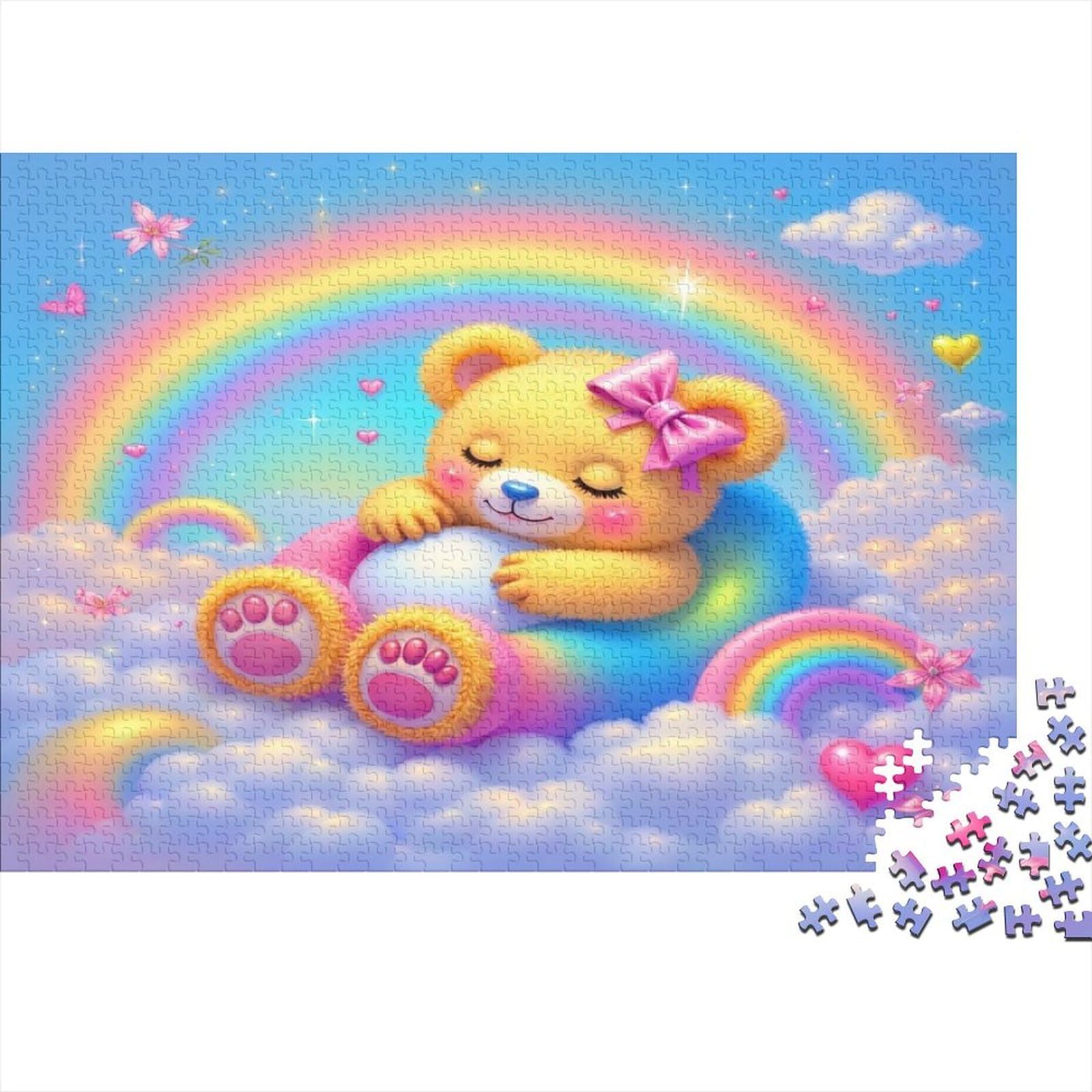 Cute Sleeping Teddy Bear Jigsaw Puzzle for Adults 1000 Piece Jigsaw Puzzle Paper Dreamy Rainbow Cloud Relaxing Focus Family Fun Gift 38x26cm/1000pcs — image 1