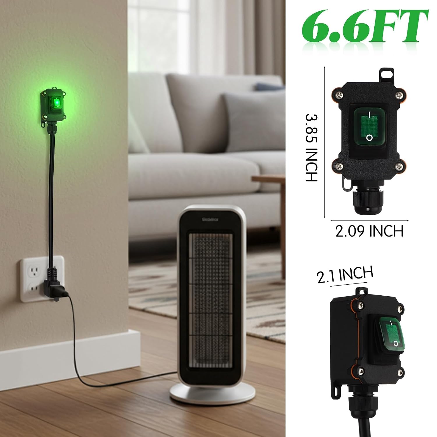 Kanayu Inline Switch Extension Cord 12awg 3-Prong Piggyback Plug, Ip67 Waterproof Extension Cord with Switch On/Off, Ac/dc 20a-125v with Green LED Outdoor Rocker, Etl Listed(Black, 6.6ft)