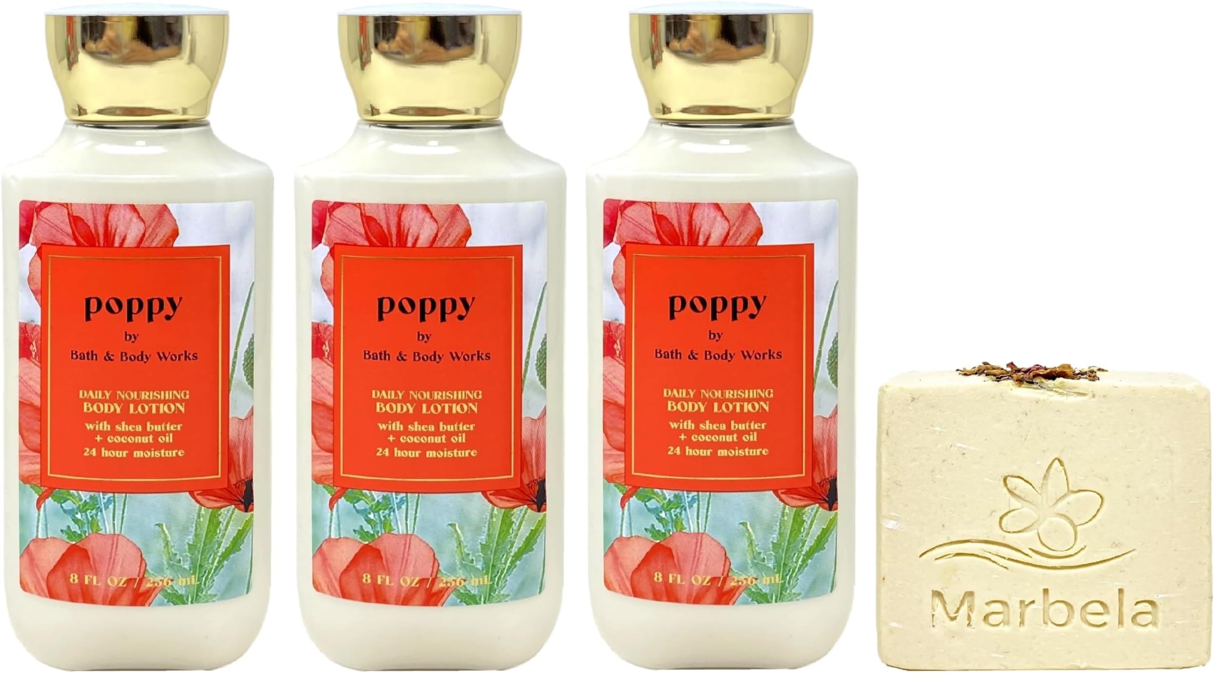 Bath & Body Works Poppy 3 Pack Daily Nourishing Body Lotion Bundle with a Creamy Rose Bar Soap