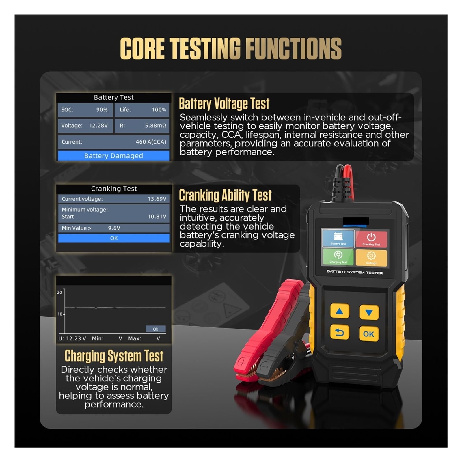BT360 8-29V Tester akumulatora samochodowego Cyfrowy samochodowy diagnostyczny tester akumulatora analizator 30-2000CCA narzędzie do ładowania rozruchowego
