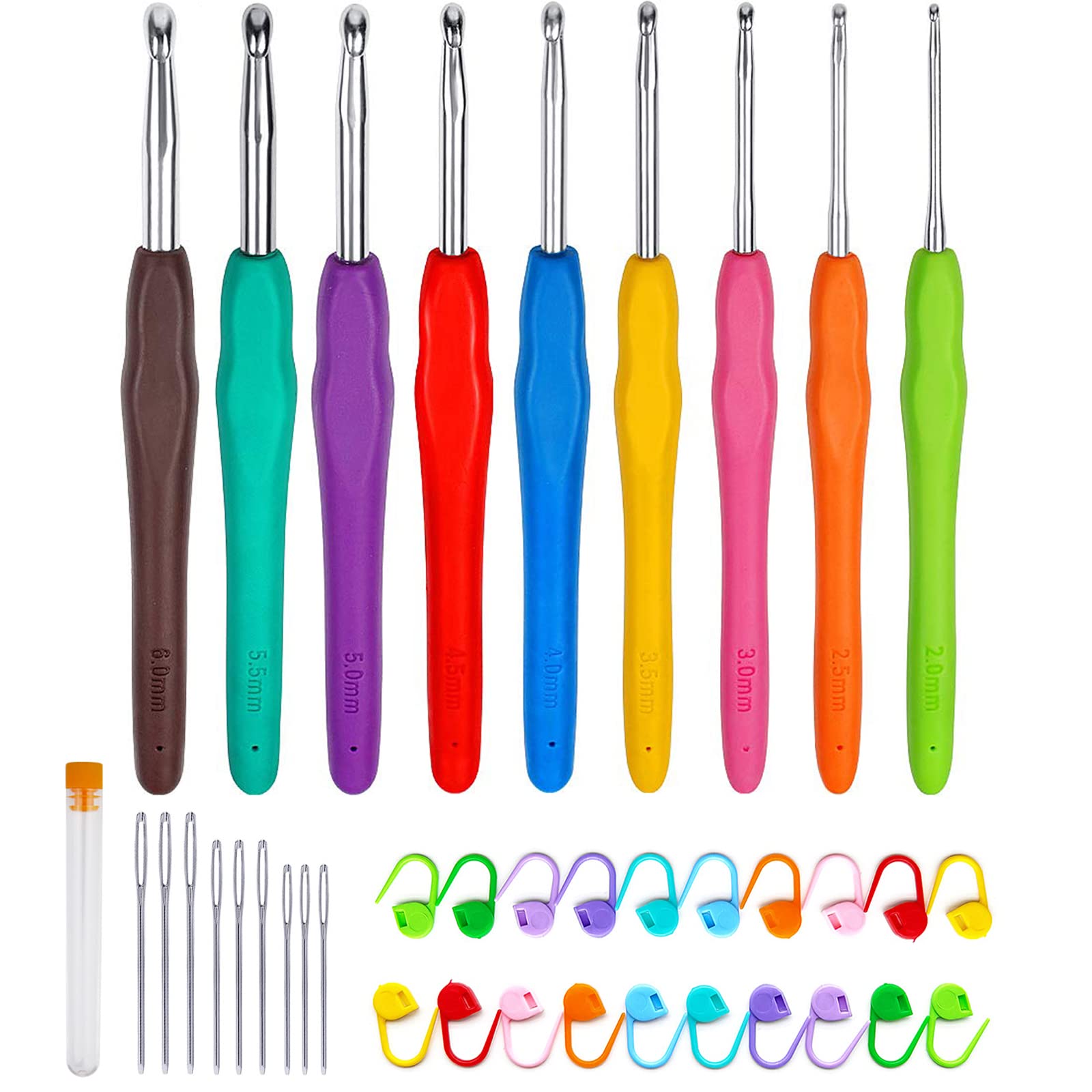 Diompirux 9 Piezas 2mm-6mm Juego ganchos de ganchillo, con ErgonóMico Suave Antideslizante Mangos, kit de ganchillo para principiantes, adultos con 20 marcadores de puntadas para tejer