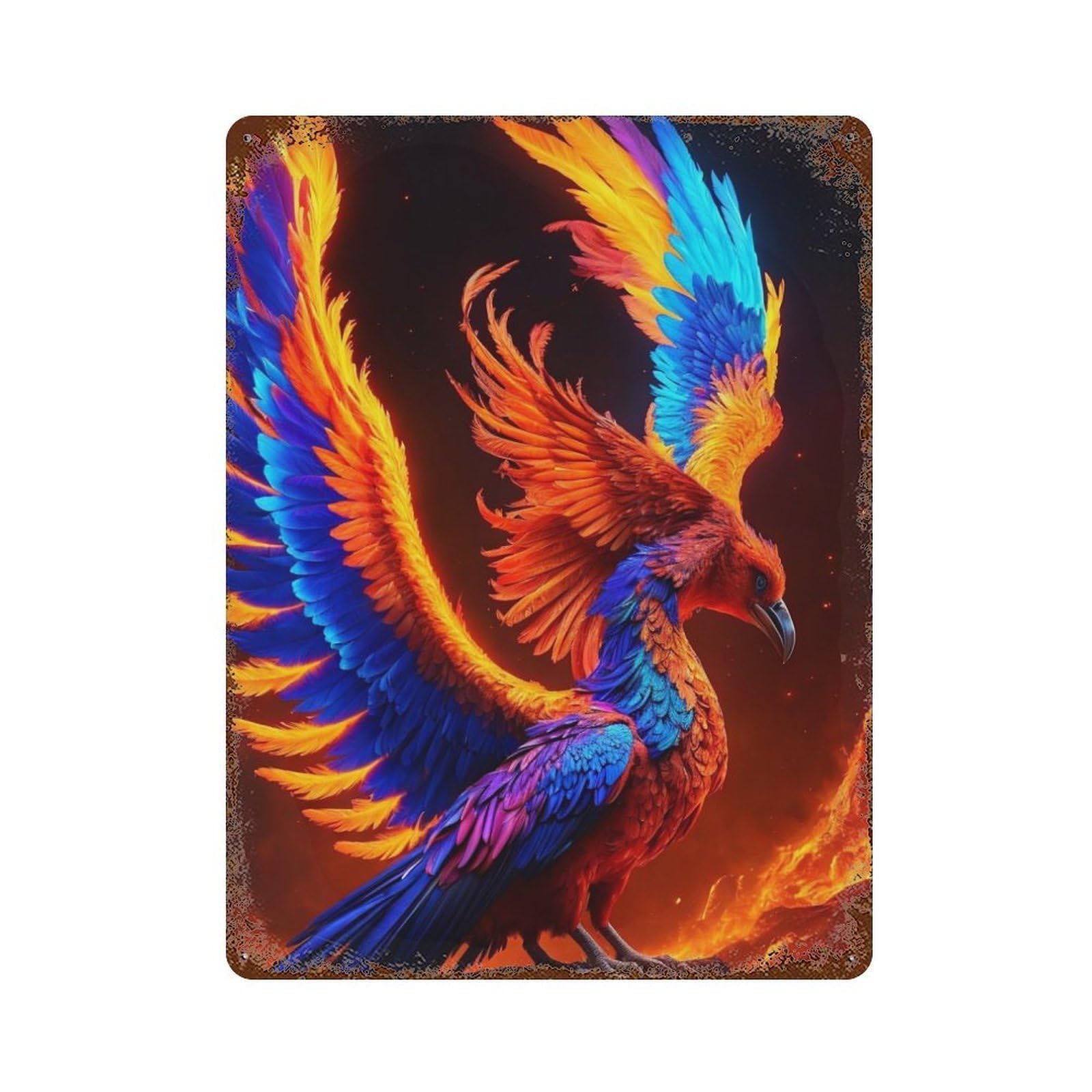 Colorful Mythical Bird Artwork Rust Effect Tin Sign 15.7"x11.8", Rustic Home Decor for Cafe, Home Bar And Lounge Decor