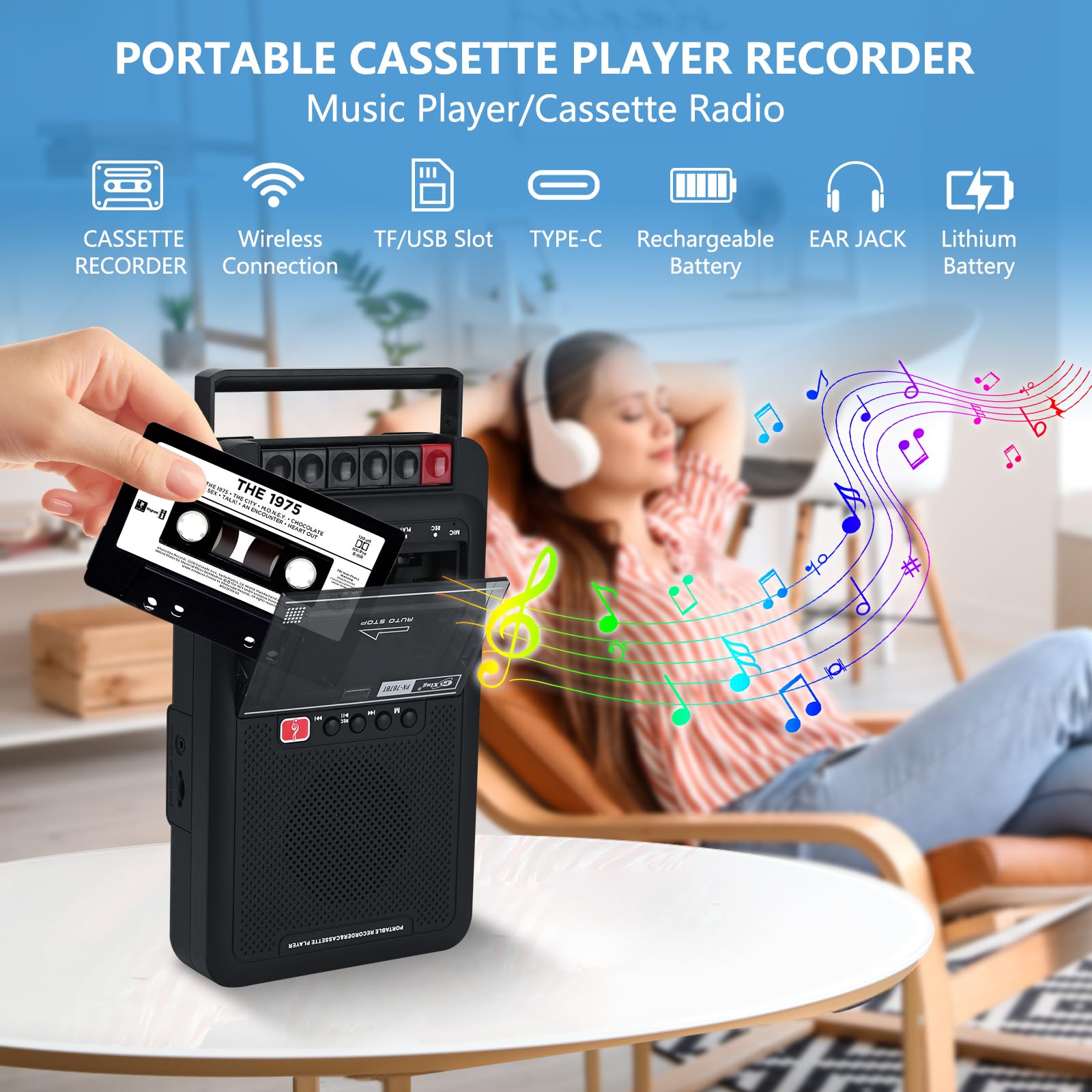 Boombox - Reproductor de casete portátil, retro, graba a casetes/USB/tarjeta TF a través de micrófono, reproductor de cinta de casete con conector para auriculares, calidad de sonido HiFi, portátil de