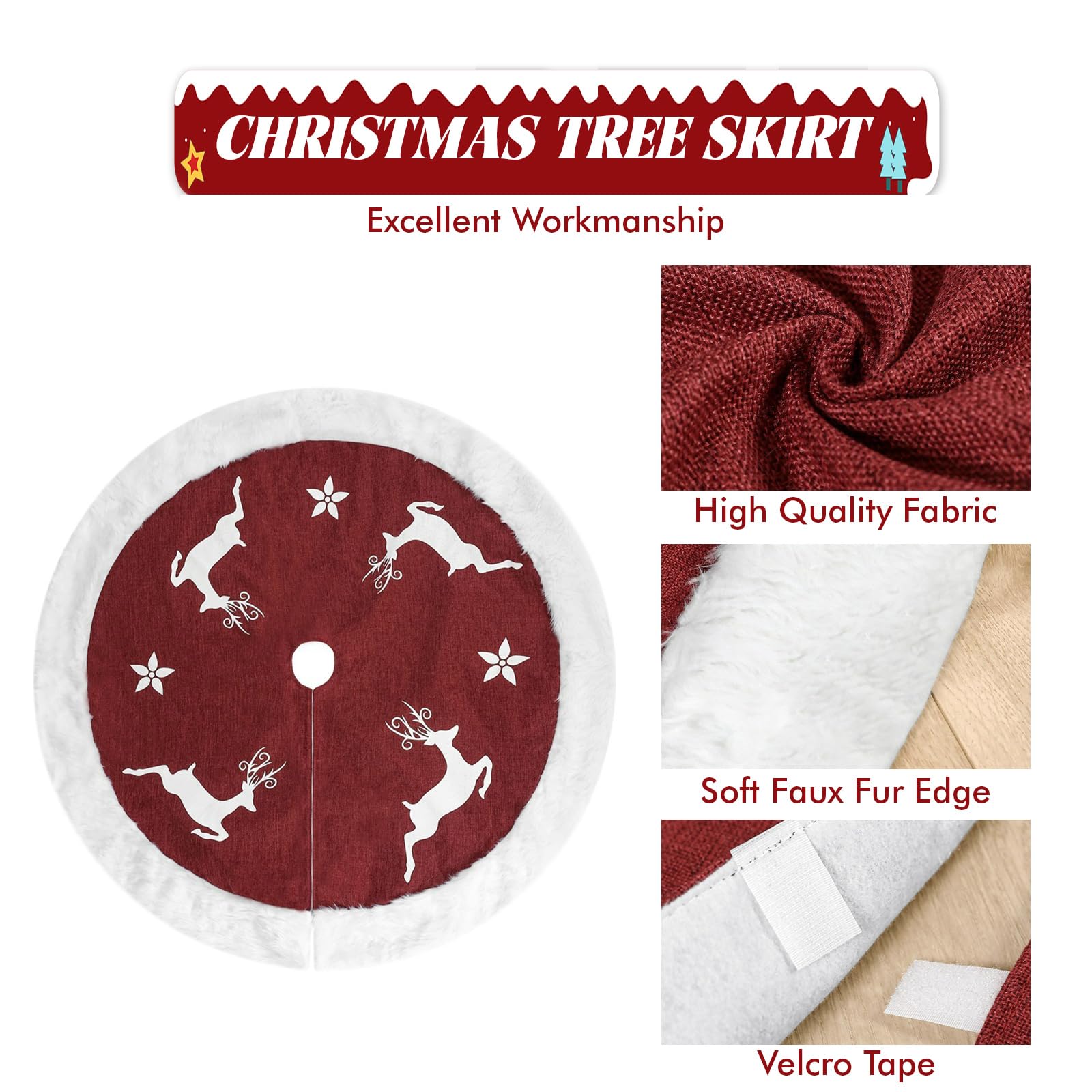 IHCEMIH Christmas Tree Skirt Large Red Xmas Tree Skirts Luxury Faux Fur Plush Linen Trees Base Cover Mat Xmas Tree Bottom Rug Covers Holiday Party Home Festival Decorations 48 Inches Running Reindeer - Image 4
