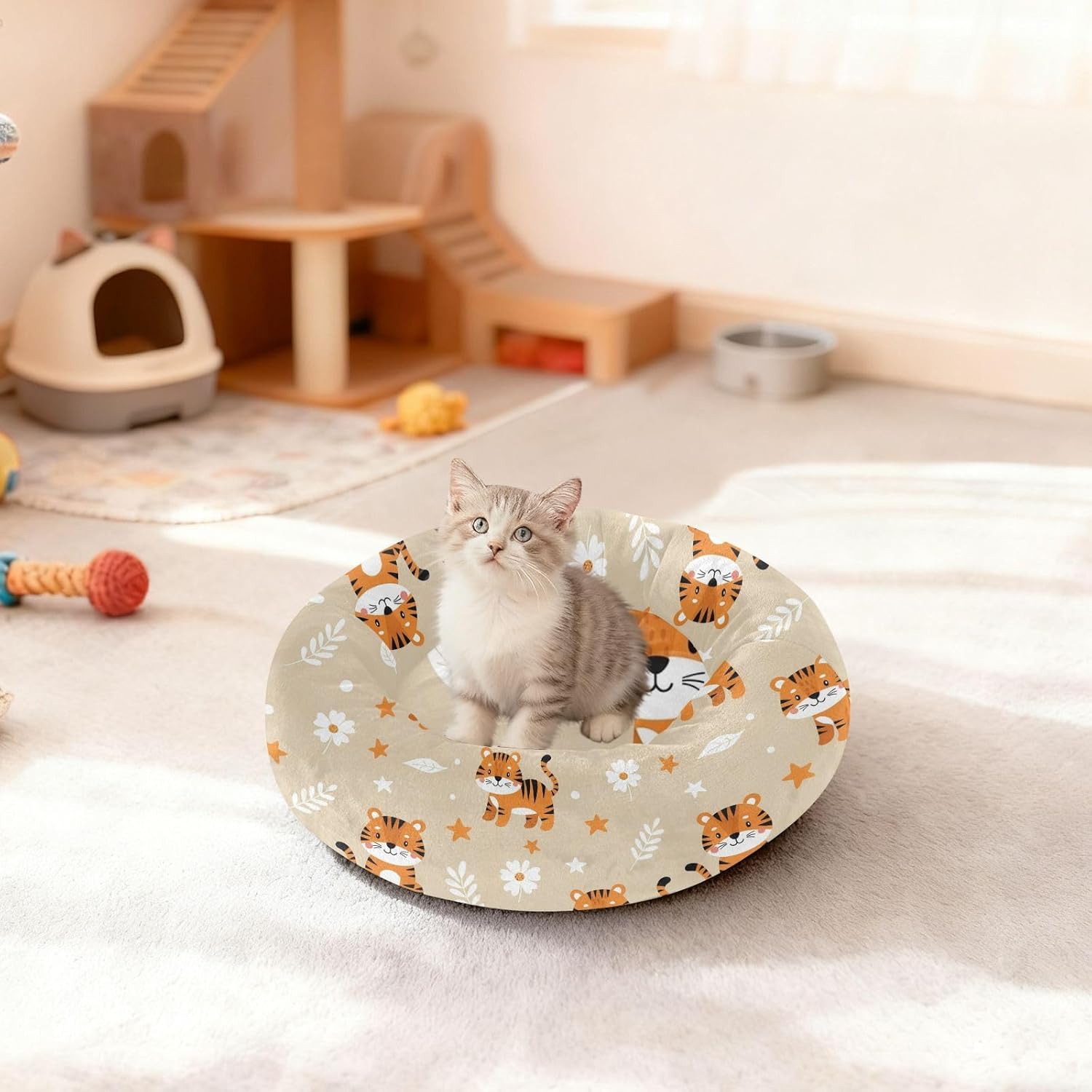 Animal Flowers Beige Pattern Dog Bed Round Small Medium Dog Beds Pet Cat Bed Washable Puppy Kitten Beds for Pets Supplies with Washable Cover,M