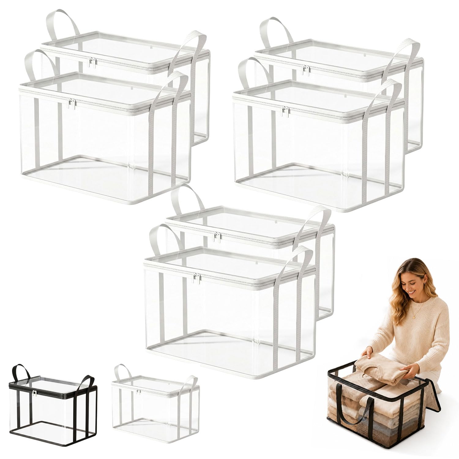 Hawiat 2026 New Large Clear Thick Plastic Storage Box with Hinged Lid, Clear Storage Box Heavy Duty Stackable Organizer for Clothes Camping Moving Attic (6pcs*white)