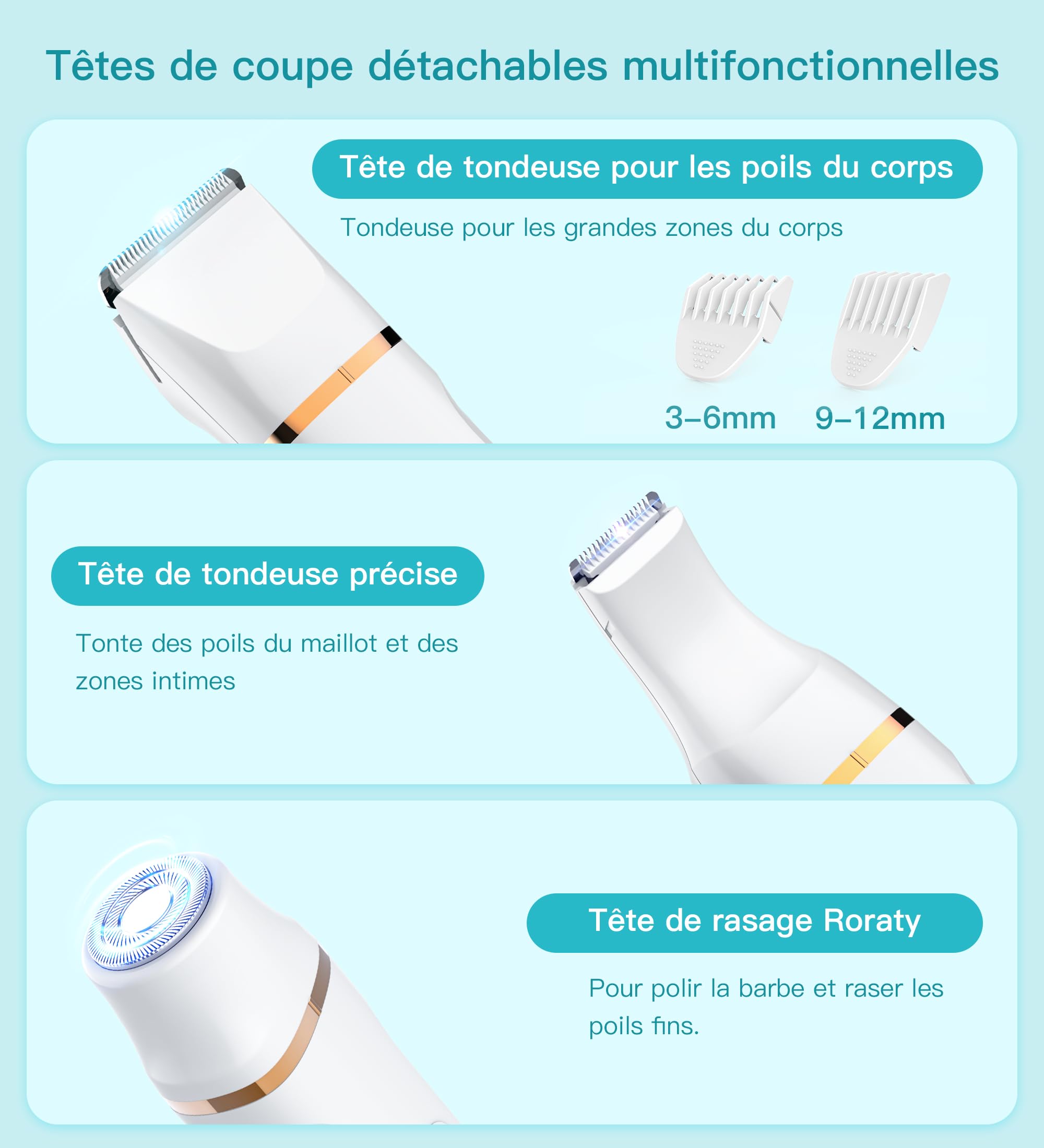 Hebeca Tondeuse de bikini électrique 3 en 1 pour femme – Rasoir faciale et intime pour peaux sensibles – Imperméable et rechargeable