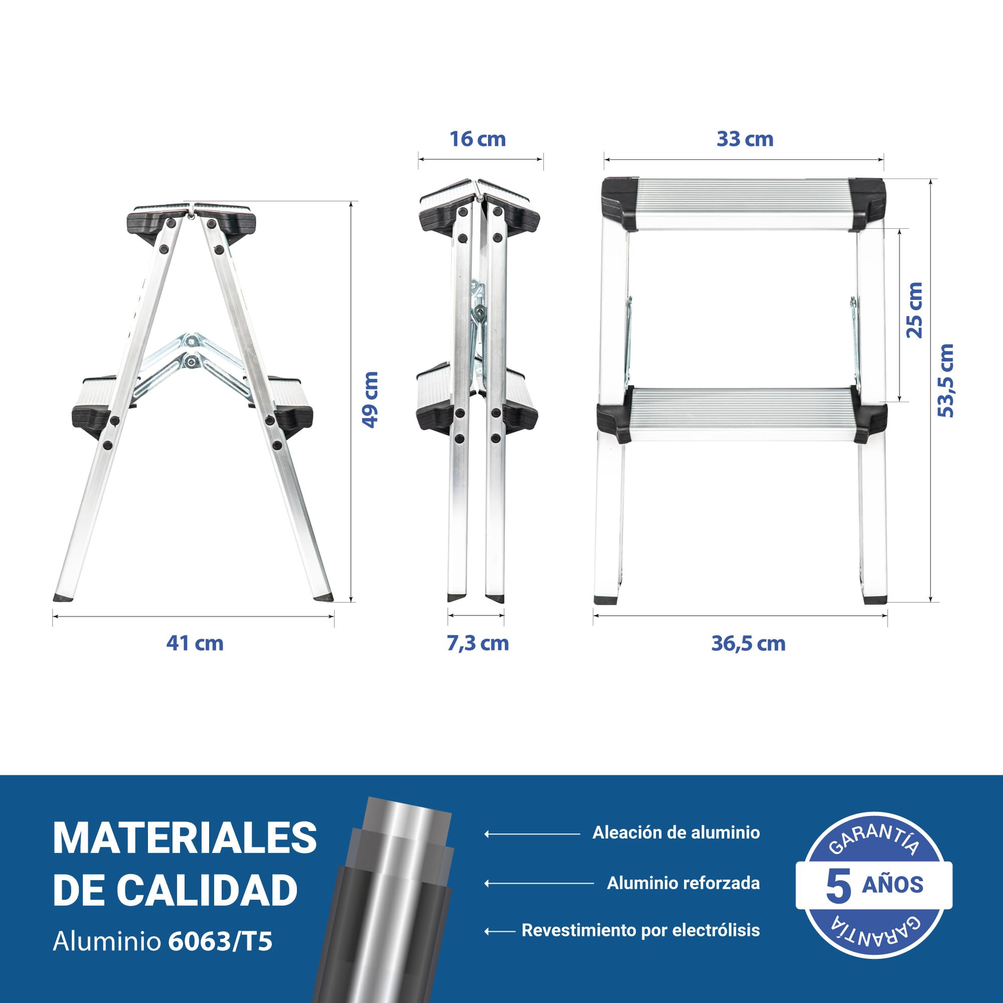 HOSTRÖM Escalera de 2 peldaños HOMILIX2, Escalera Plegable compacta, Aluminio, diseño Compacto y Robusto, Altura máxima de Trabajo de 2,08 m, garantía de 5 años.