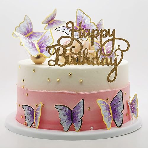 Miniatura 10 de 60 decoraciones de mariposa para cupcakes rosa y dorado morado, animadas mariposas 3D para decoración de pasteles, cumpleaños, aniversario, niños