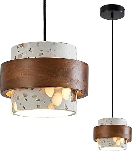 Modern Translucent Stone Pendant Light Fixture,Terrazzo Pendant Lights Kitchen Island with Wood Accent Hanging Light for Dining Room Living Room