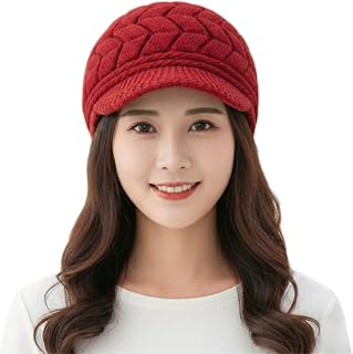 Kraptick Women's Winter Knit Visor Beanie Hat with Soft Fleece Lining, Stylish Woollen Slouchy Warm Cap for Ladies, Snow S... Price In India