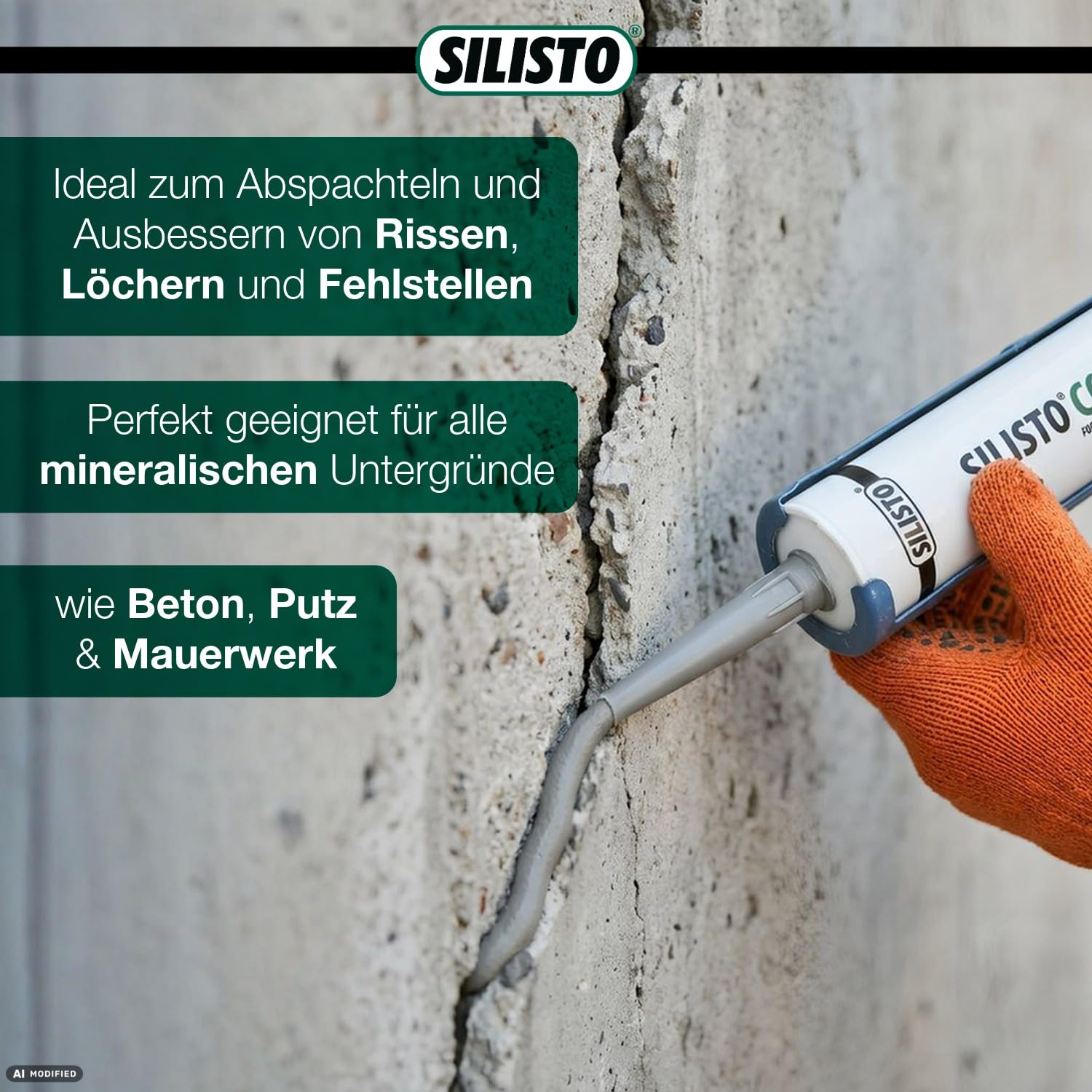 SILISTO® CONCRETE Fugenmörtel 5x 310 ml Grau + Pistole – Gebrauchsfertige Spachtelmasse für Beton & Mauerwerk – Rissfüller & Reparaturmörtel – Überstreichbar, UV-beständig & Lösemittelfrei