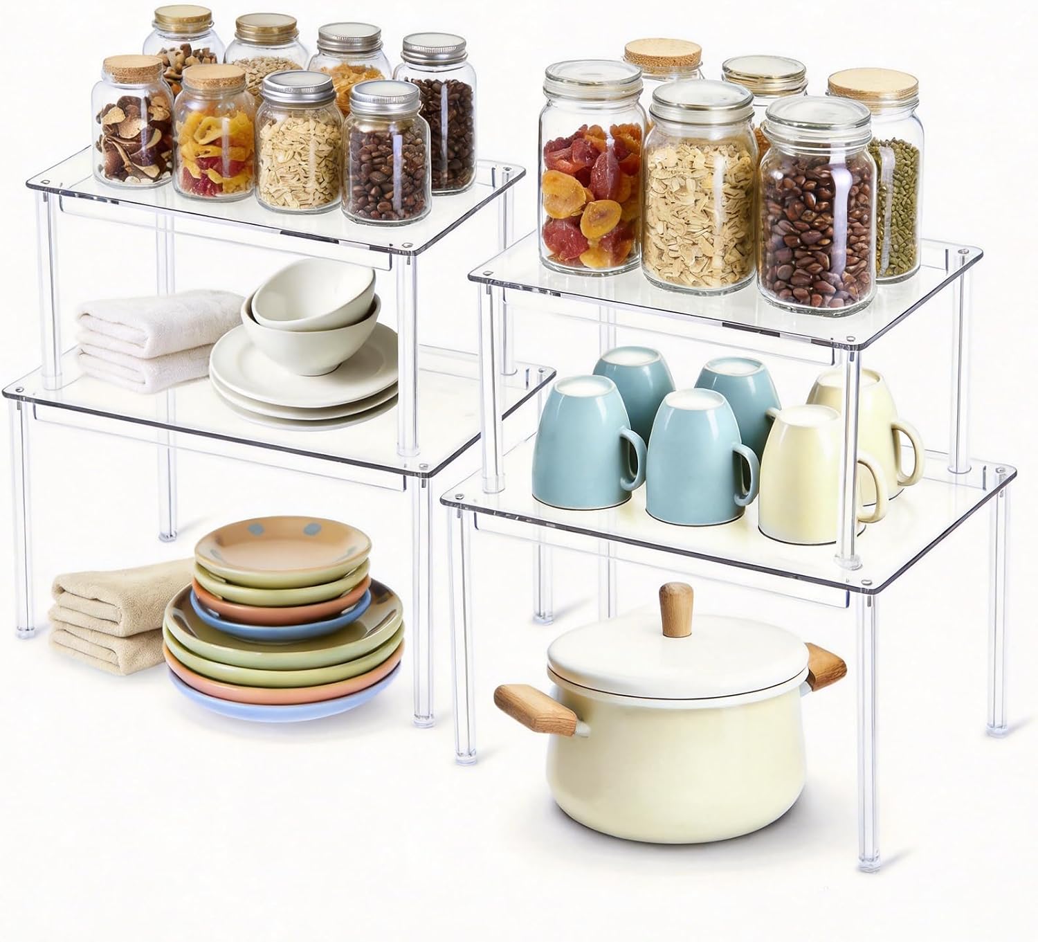 Acrylic Cabinet Organizer Shelf, 4 Pack Stackable Kitchen Cabinet Shelves