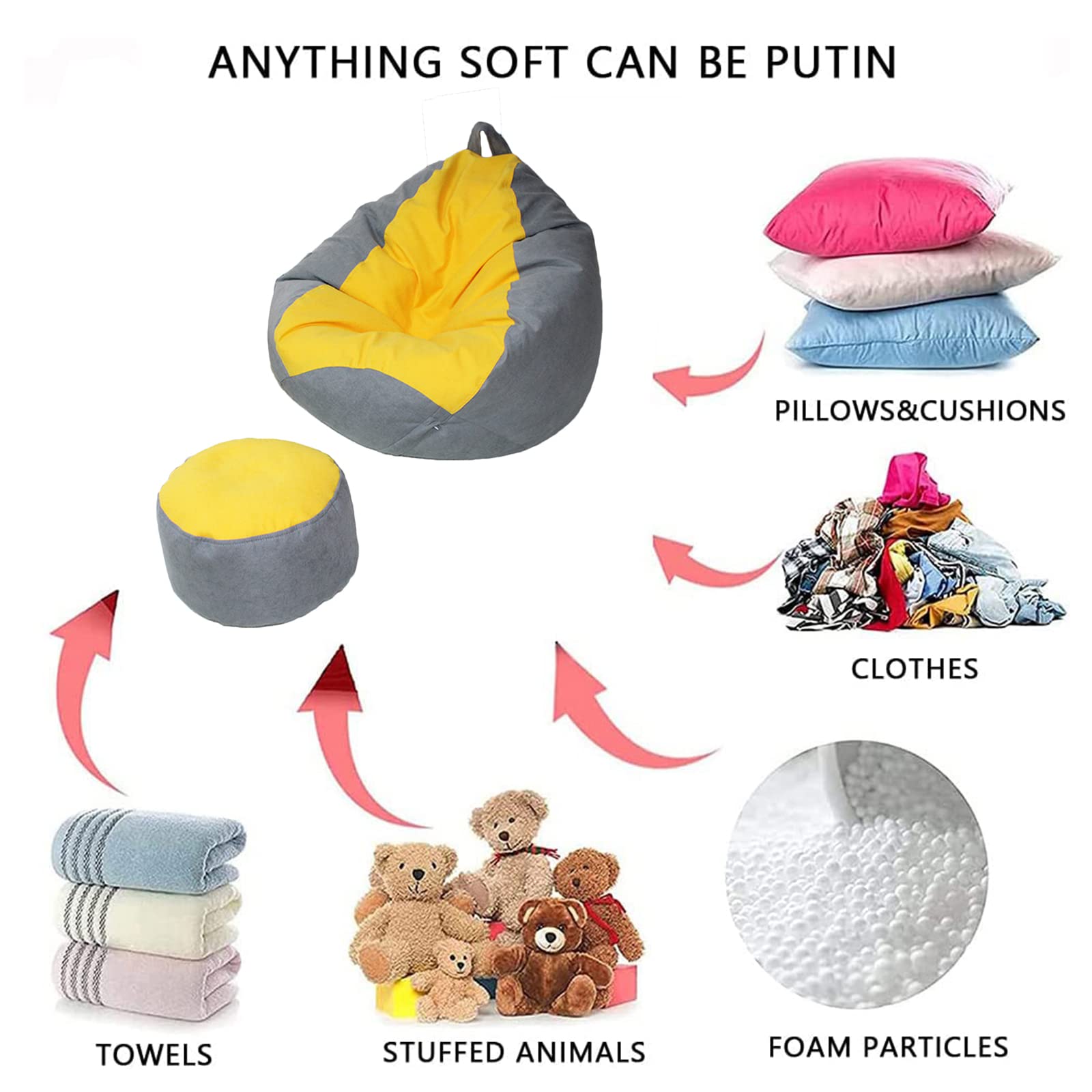 Fauteil Poire Intérieur Coussin de Sol Gaming Beanbag Adulte Enfant (sans Remplissage) Housse de Pouf de Salon en Tissu,Yellow Gray,110 * 120cm