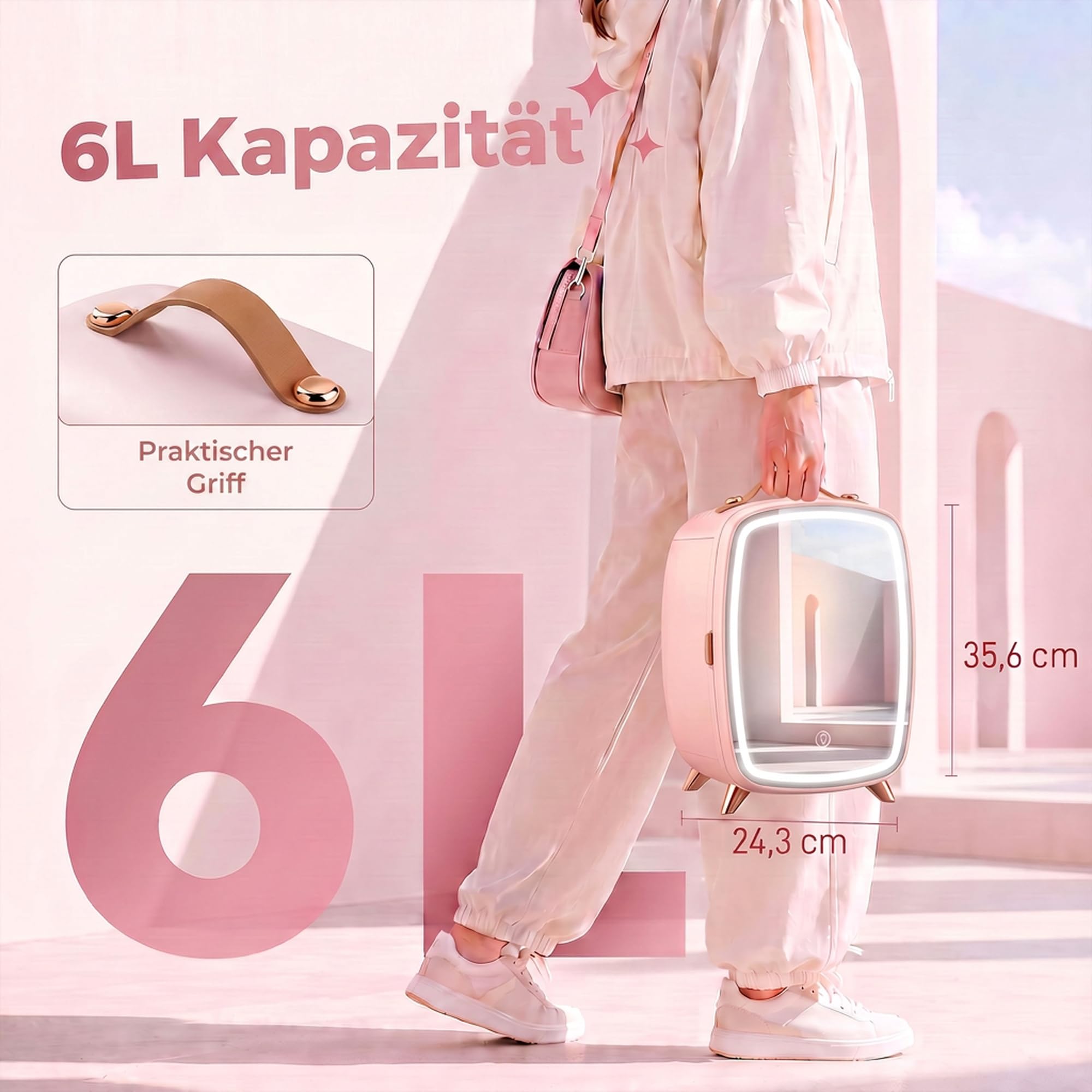 HOMCOM Mini Kühlschrank 6 Liter LED Spiegel Kosmetik Kühlschrank Rosa