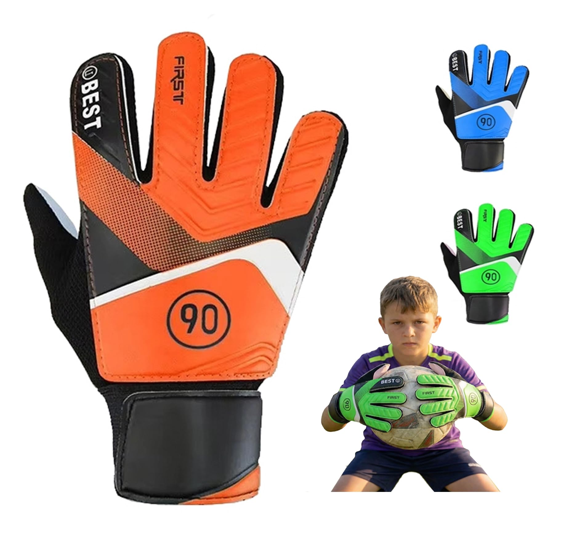 GEARX Junior Football Goalkeeper Gloves, Calm Blue, Kids Soccer Glove with Breathable Grip Palms, Orange, size 6