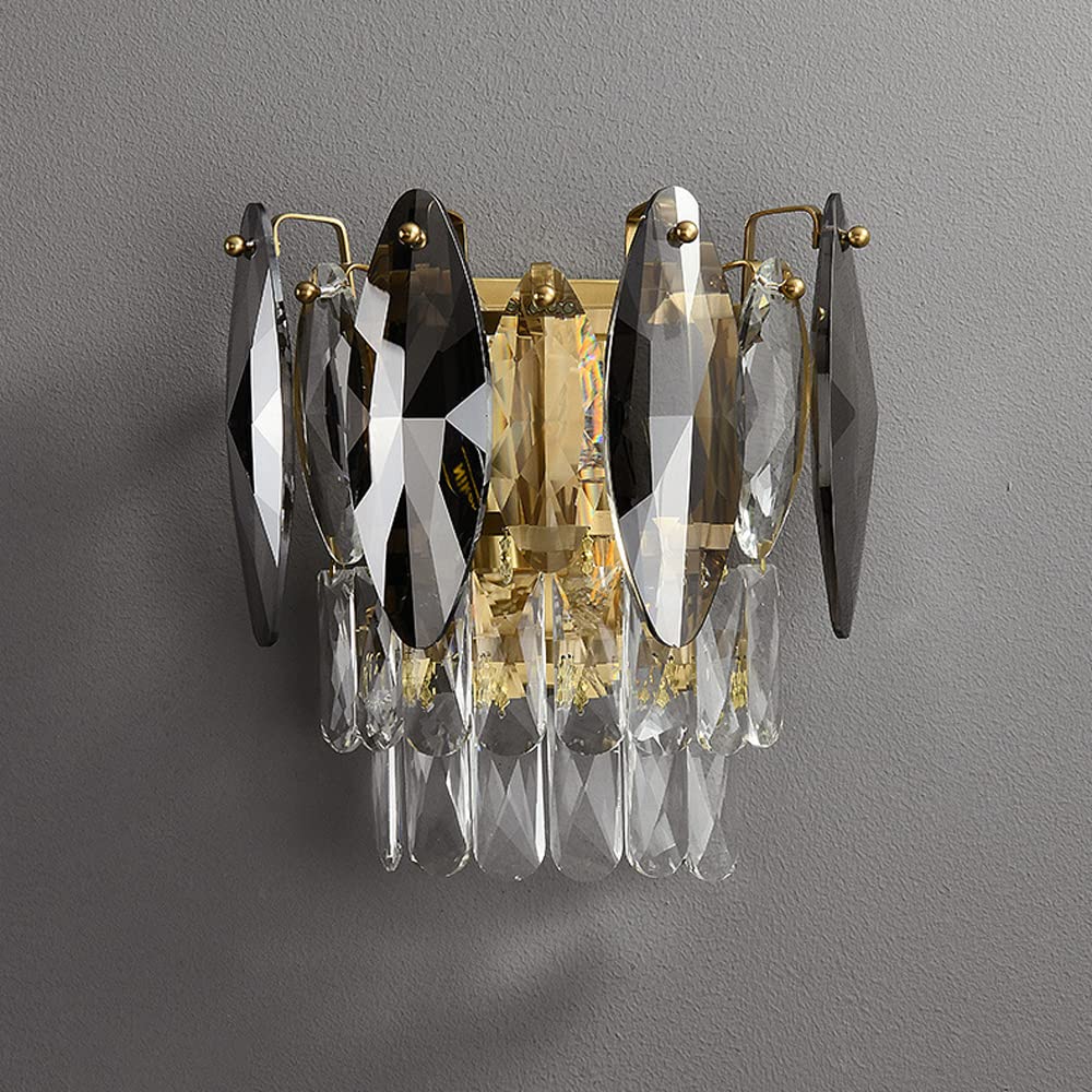 FYZDLAOR Wall Lights of Brass Frame Living Room Wall Sconces with Smoke Grey K9 Crystal Glass Shade,Wall Mounted Lighting Fixtures for Hallways Indoor(E14)