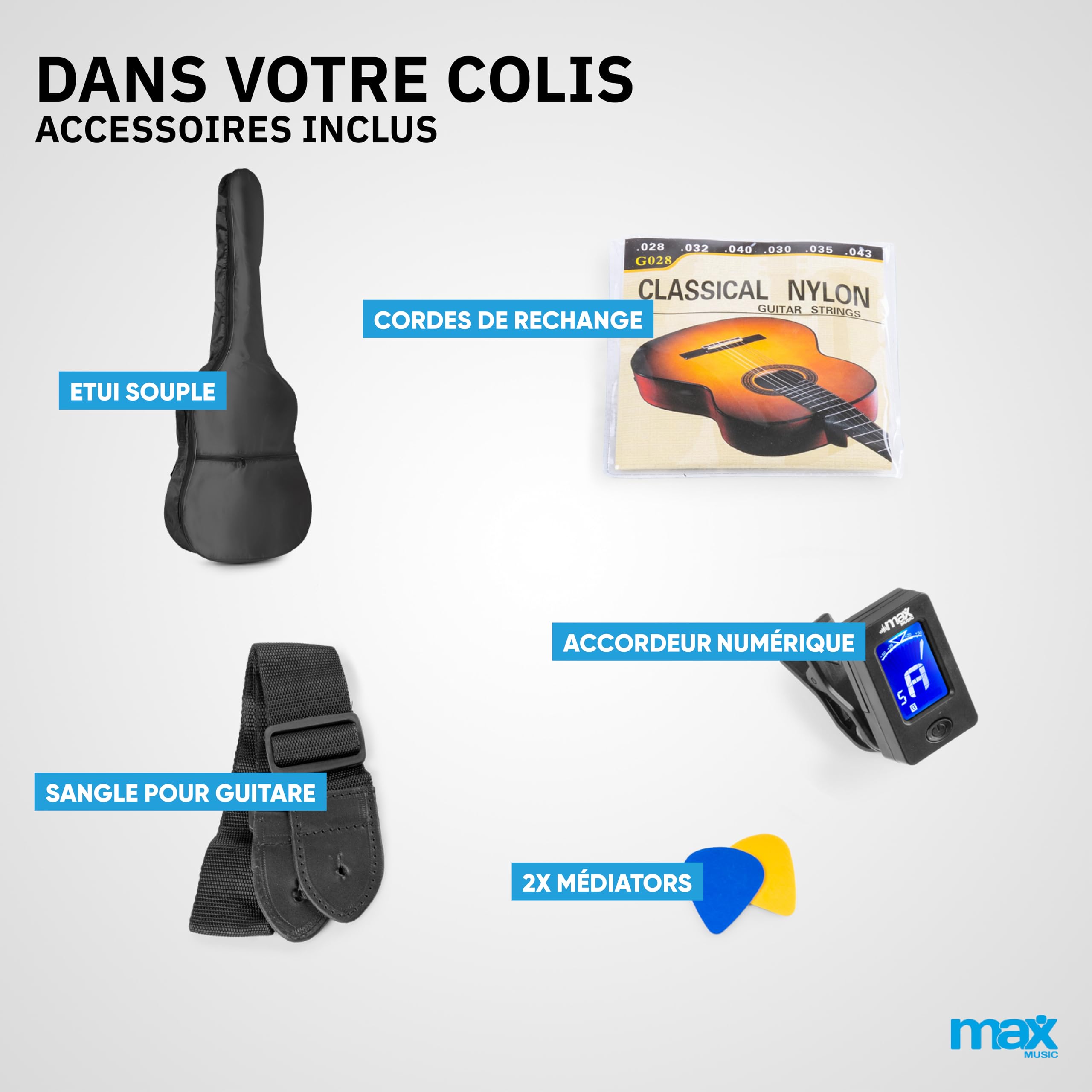 Max SoloArt - Guitare Classique Adulte Débutant - Noir, Cordes en Nylon, Livré avec un Tuner Digital, un Sac de Transport, des Médiators et une Sangle, Idéal pour Musiciens Débutants