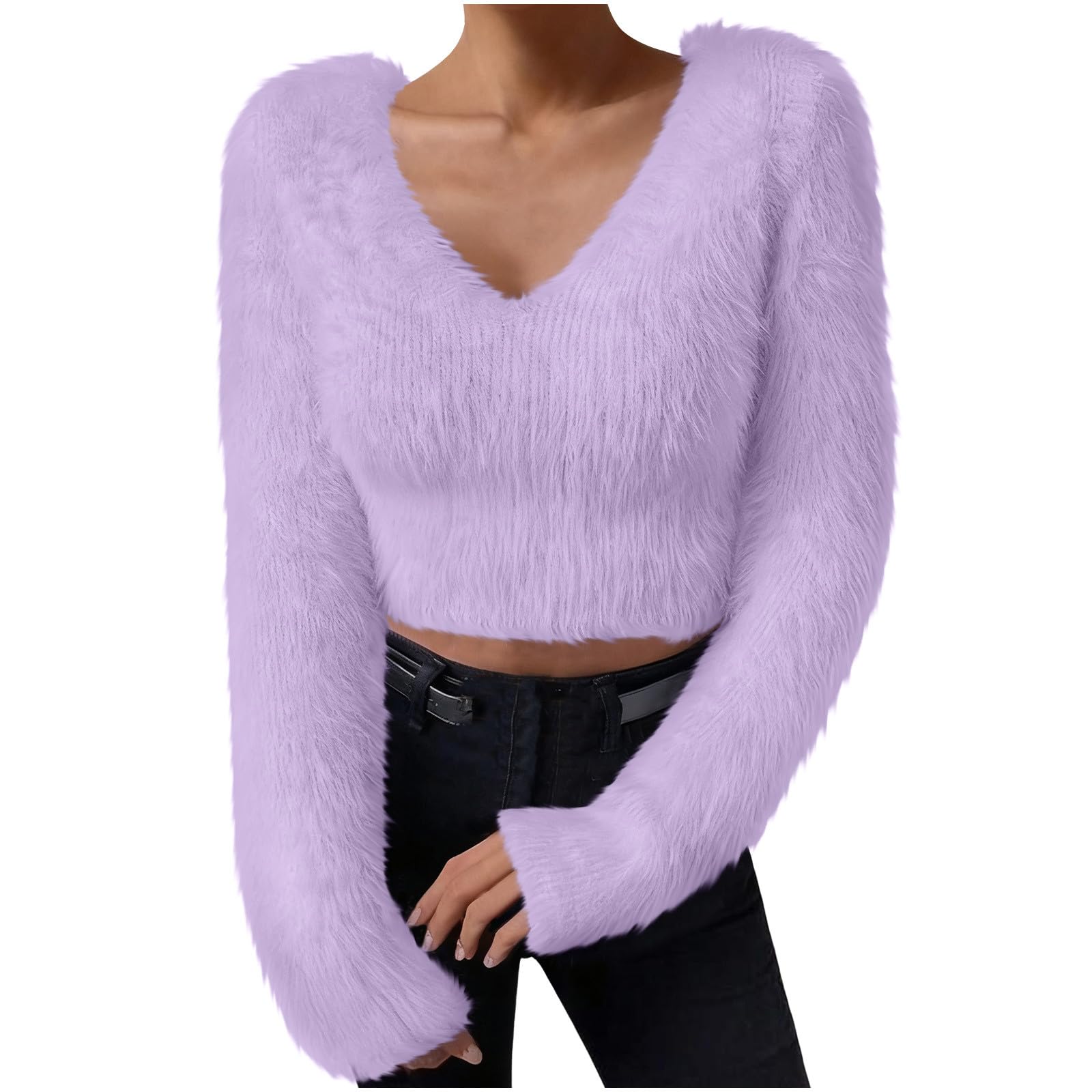 Womens Fuzzy Fluffy Sweaters Comfy V Neck Long Sleeve Chunky Crop Pullover Sweater Fall Winter Clothes for Women