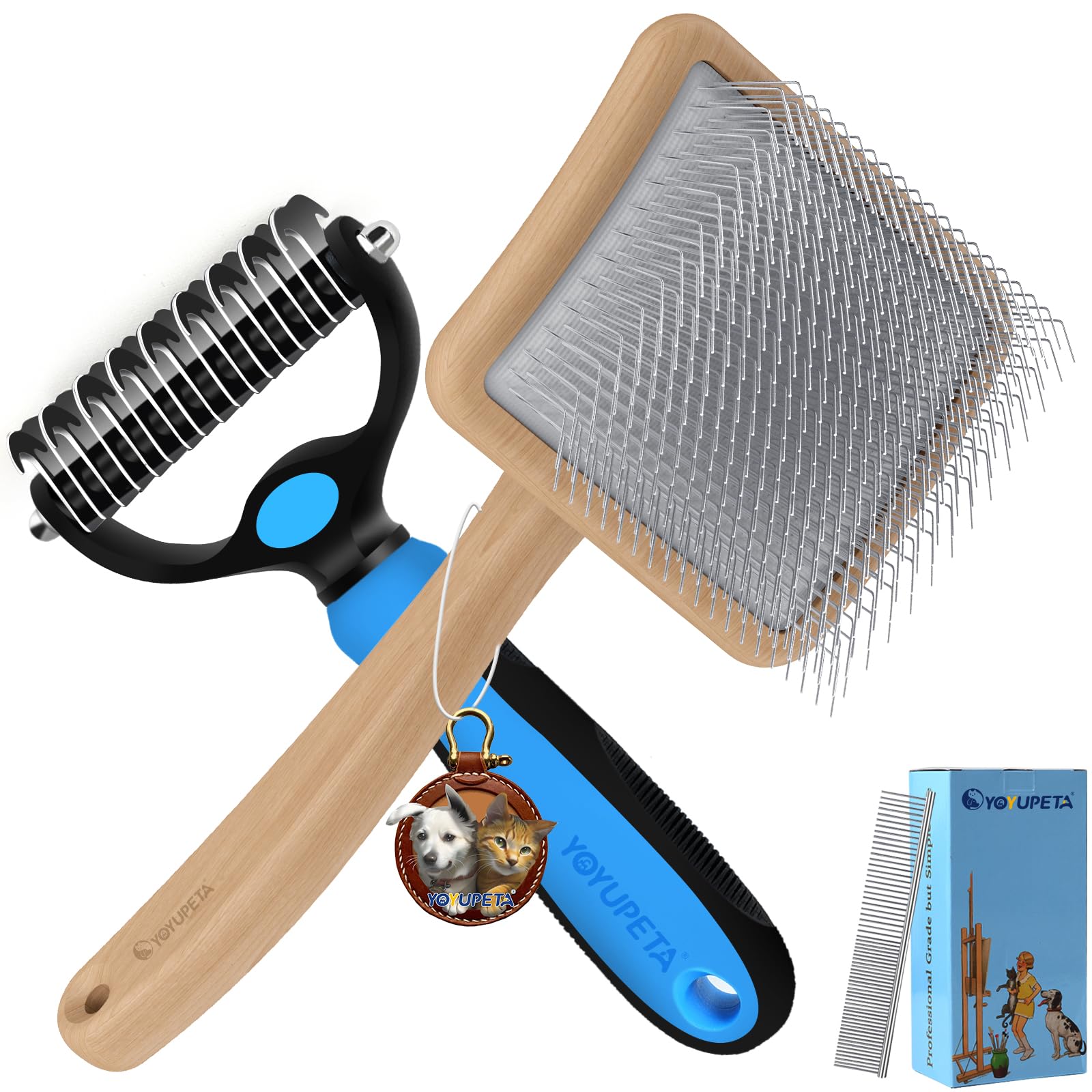 YOYUPETA Long Pin Poodle Slicker Brush Set for Goldendoodle & Cockapoo. 25mm Pins Dog Grooming Kit with Undercoat Rake & Comb. Solid Wood Dematting Tool for Removing Mats Tangles