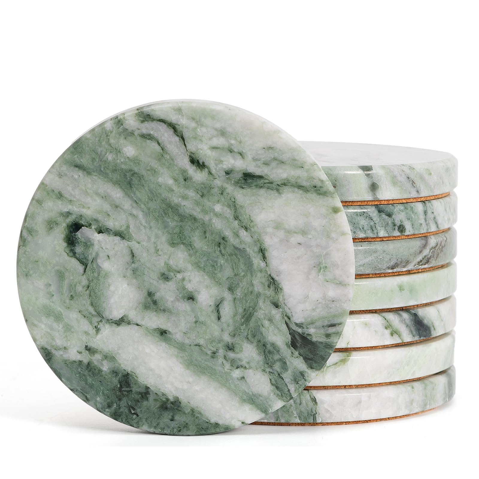 Lot de 8 dessous de verre en marbre vert sauge, élégants dessous de verre vert et blanc pour table à manger, dessous de verre rond en pierre verte polie douce de 10,2 cm avec veines nuageuses