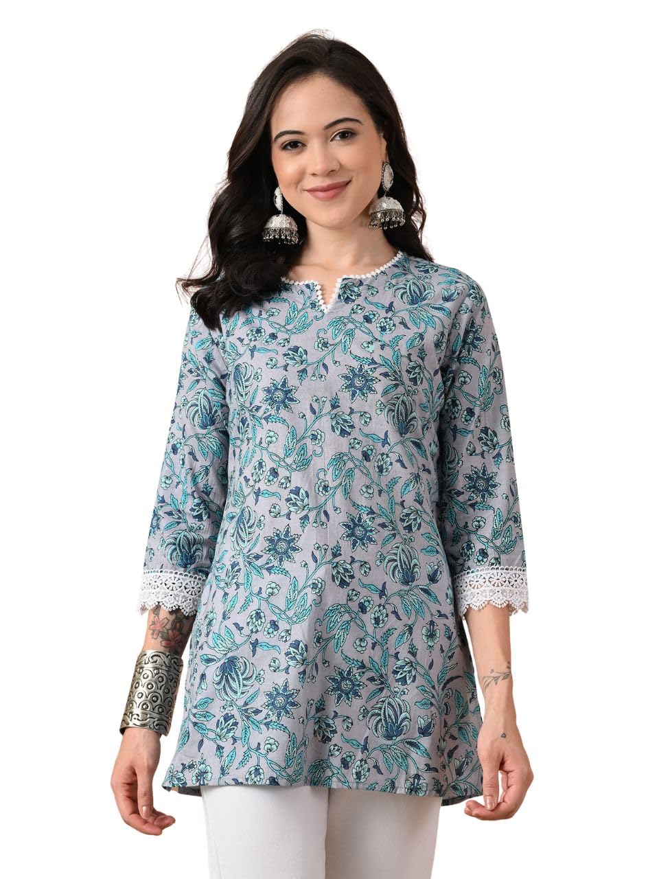 amazon brand - tavasya Women Floral Printed Trendy Short Kurti | Embroidered Ethnic Wear | Regular Fit | Tunic Shirt-picture-27