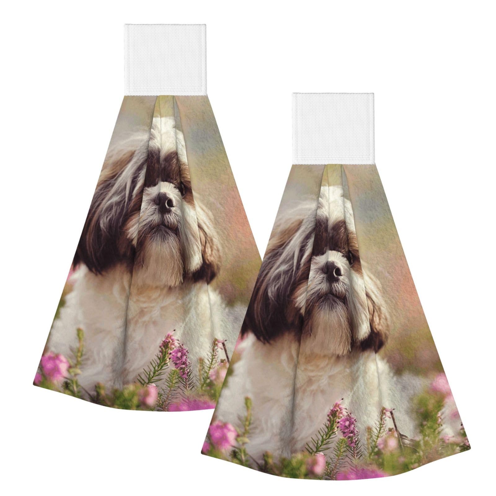 DOPKLNA Shih Tzu Dog, 2 Pcs Hanging Coral Fiber Hand Towels for Bathroom, Absorbent Kitchen Towels