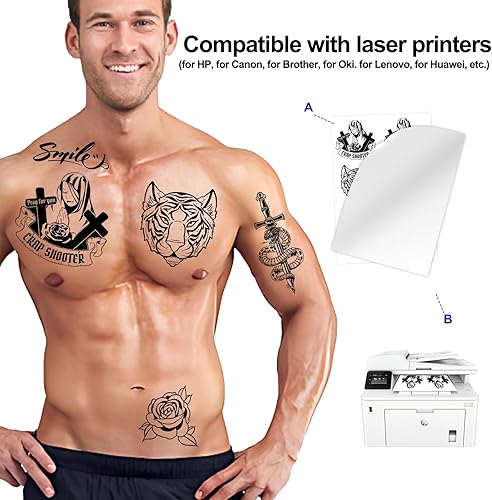 Miniatura 2 de Stampcolour Papel de tatuaje temporal imprimible para impresora láser, 8.5 x 11 pulgadas, 30 hojas de tatuajes personalizados impermeables para