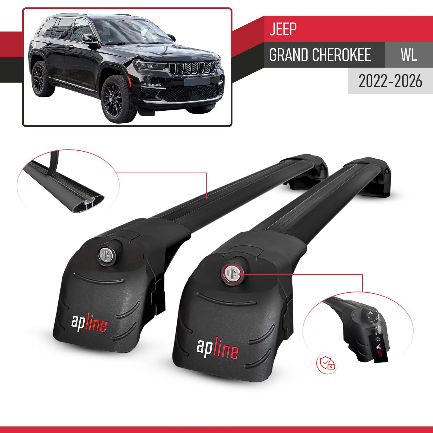 Kompatybilny z Jeep Grand Cherokee (WL) 2022-2026 ACE-2 Model Aluminiowe poprzeczki dachowe Czarny 2 szt.