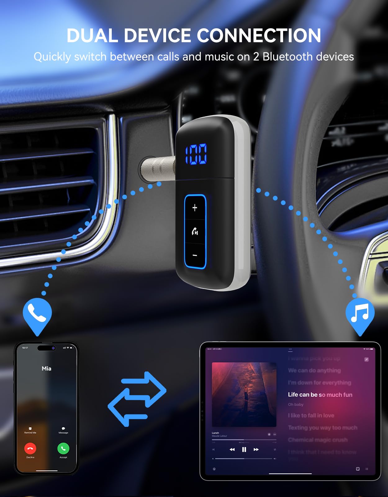 [Upgraded] Bluetooth 5.3 AUX-Adapter für Auto, [LED-Bildschirm] [Geräuschunterdrückung] 3,5 mm AUX-Audioempfänger für kabelgebundene Kopfhörer/Heim-Stereoanlage, Musikwiedergabe, Freisprechanruf