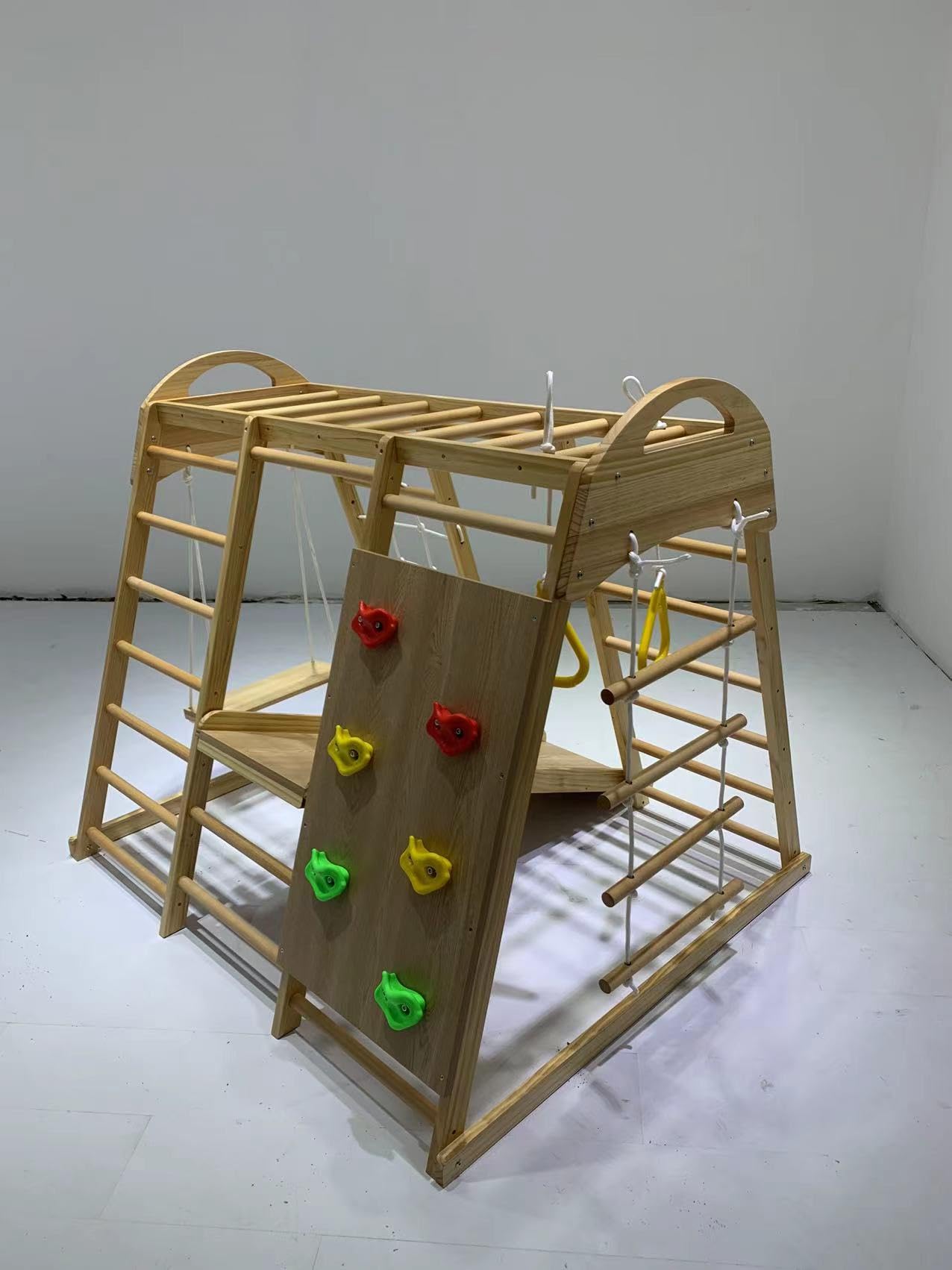 VeroFree 7-in-1 Wooden Jungle Gym Playset for Kids 2-6 Yrs – Slide, Climbing Wall, Monkey Bars, Swing, Rope Climber – Montessori & Waldorf Indoor Playground (Natural Wood)