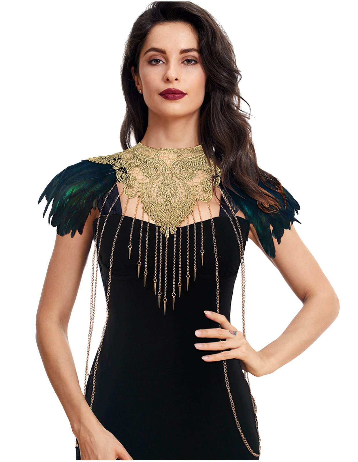 L'VOW Real Black Feather Harness Lace Collar Necklace Bib Halloween: Z-Brown-01