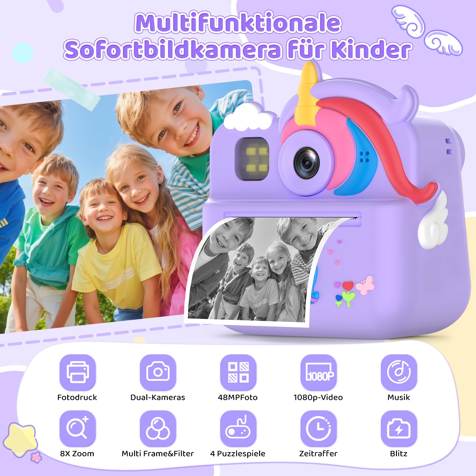 Fippesax Sofortbildkamera Kinder, 1080P HD Kinderkamera Sofortbildkamera mit 32-GB-Karte, 48MP Selfie Kamera Kinder Sofortdruck, Kinderspielzeug Geschenke für Mädchen & Jungen von 3-12 Jahren