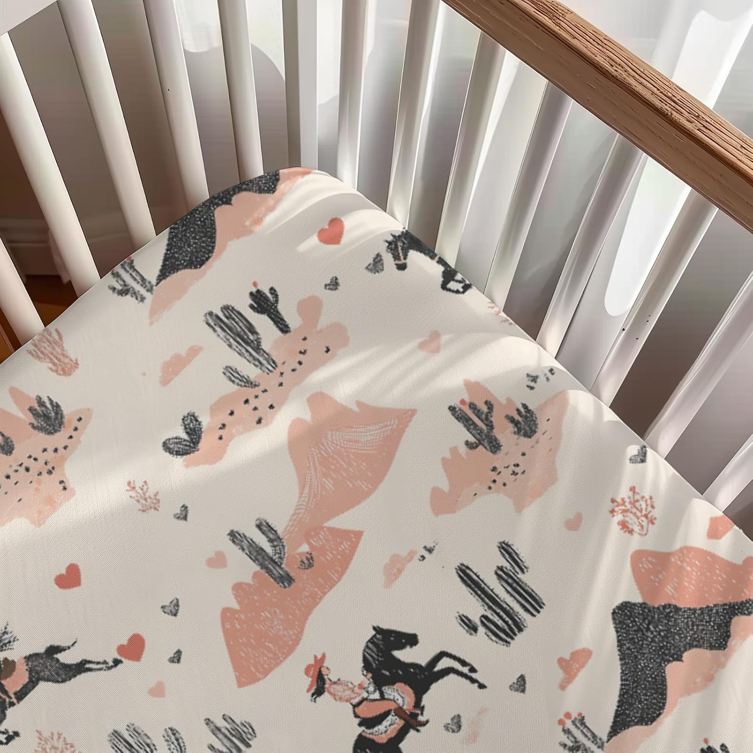2 Pack Western Cactus Hats Horses Mountains Pattern Baby Sheets for Crib, Unisex Western Nursery Fitted Bed Sheet for Girls Standard Crib and Toddler Mattress-28x52