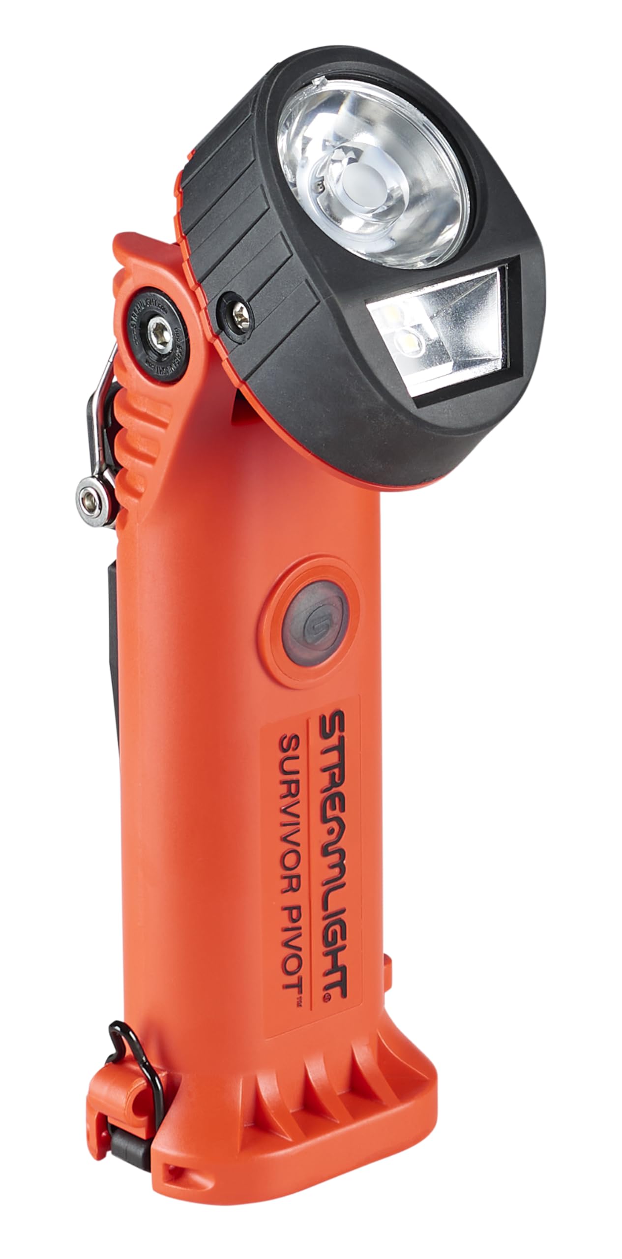 Streamlight 91802 Survivor Pivot 325-Lumen Right Angle Articulating Dual Beam Rechargeable Flashlight with 120V/100V AC/12V DC and Clip, Orange