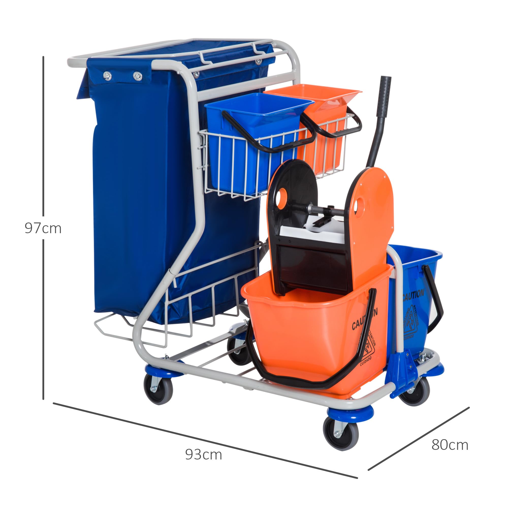 HOMCOM Putzwagen Reinigungswagen mit 2 x 18L & 2 x 6L Eimern Wischwagen Haushaltswagen mit Mopp-Presse, Aufbewahrungskorb, Blau Orange 93 x 80 x 97 cm