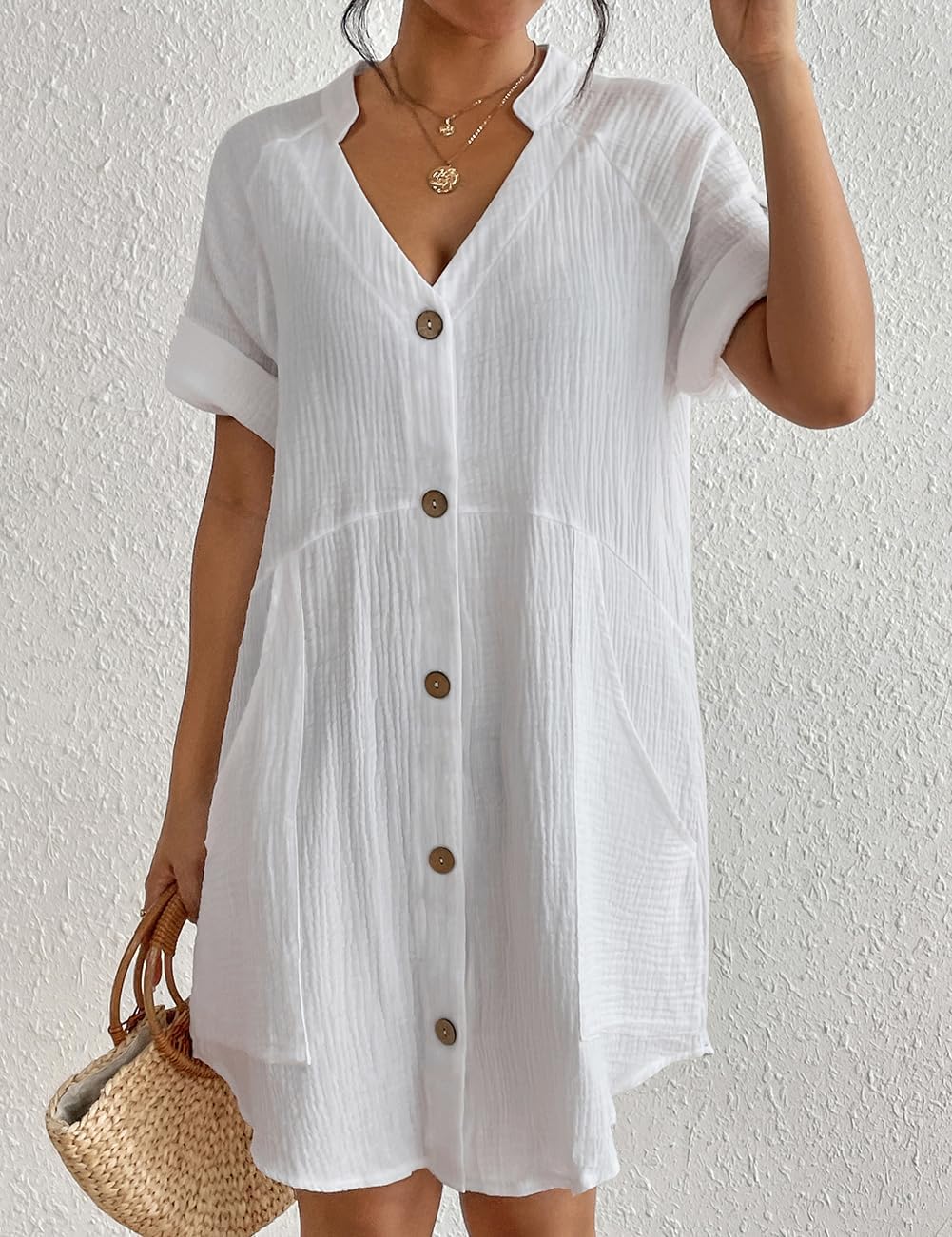 Bsubseach Traje de Baño Cover Up Vestido de Playa de Algodón con Botones Blusa Casual con Cuello en V
