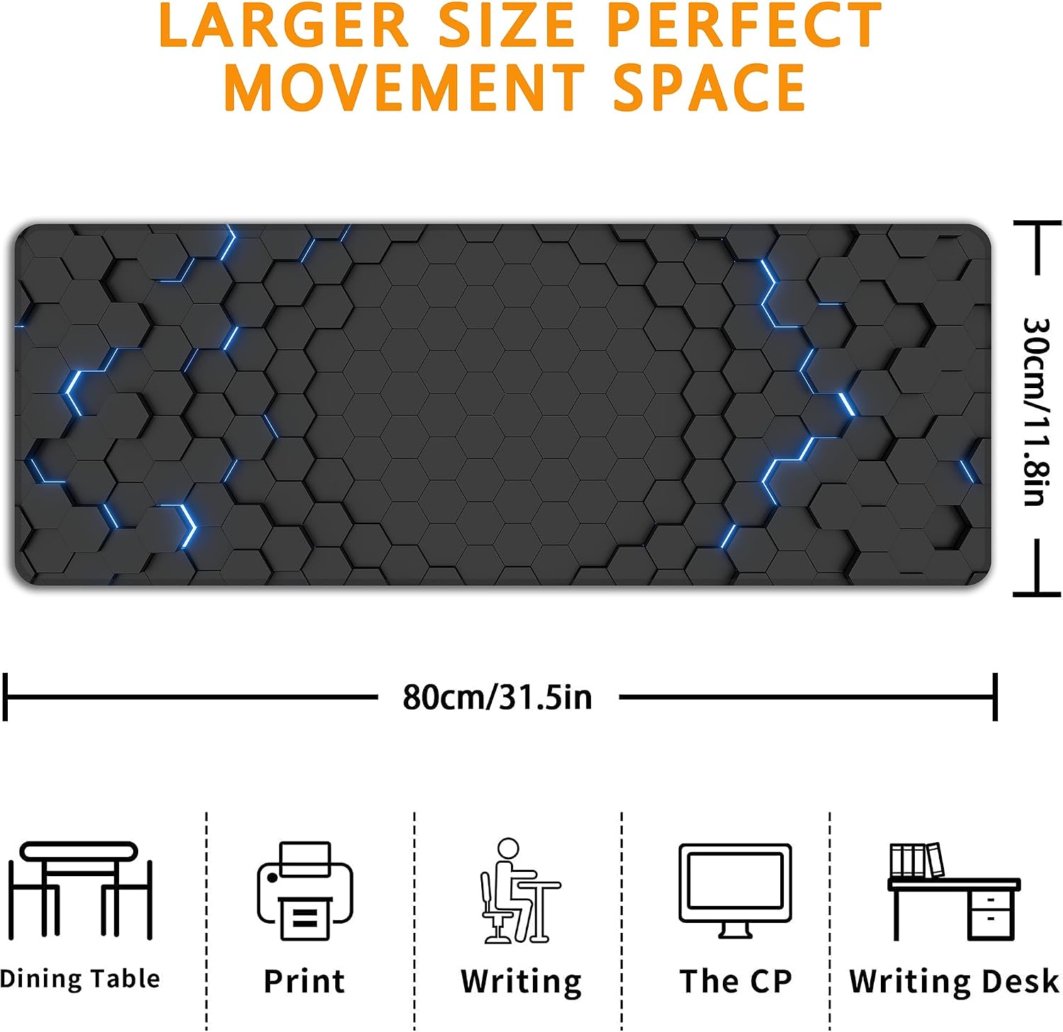 Blue Honeycomb Mouse Pad,XL 31.5"x11.8" Big Gaming Mousepad,Geometric Hexagon Large Extended Mouse Mat,Non-Slip Rubber Base Waterproof with Stitched Edges for Gaming Office Home image 3