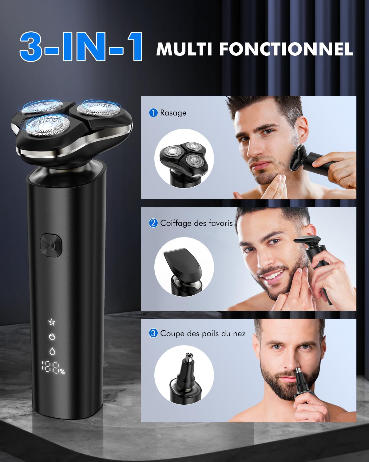 Rasoir Électrique Homme 3 en 1, Rasoir Electrique Tondeuse Barbe Hommes avec Tondeuse de Précision pour Barbe et Nez, 3D Têtes Flottantes, IPX7 Étanche Rasage Sec et Humide, Écran LCD & USB-C