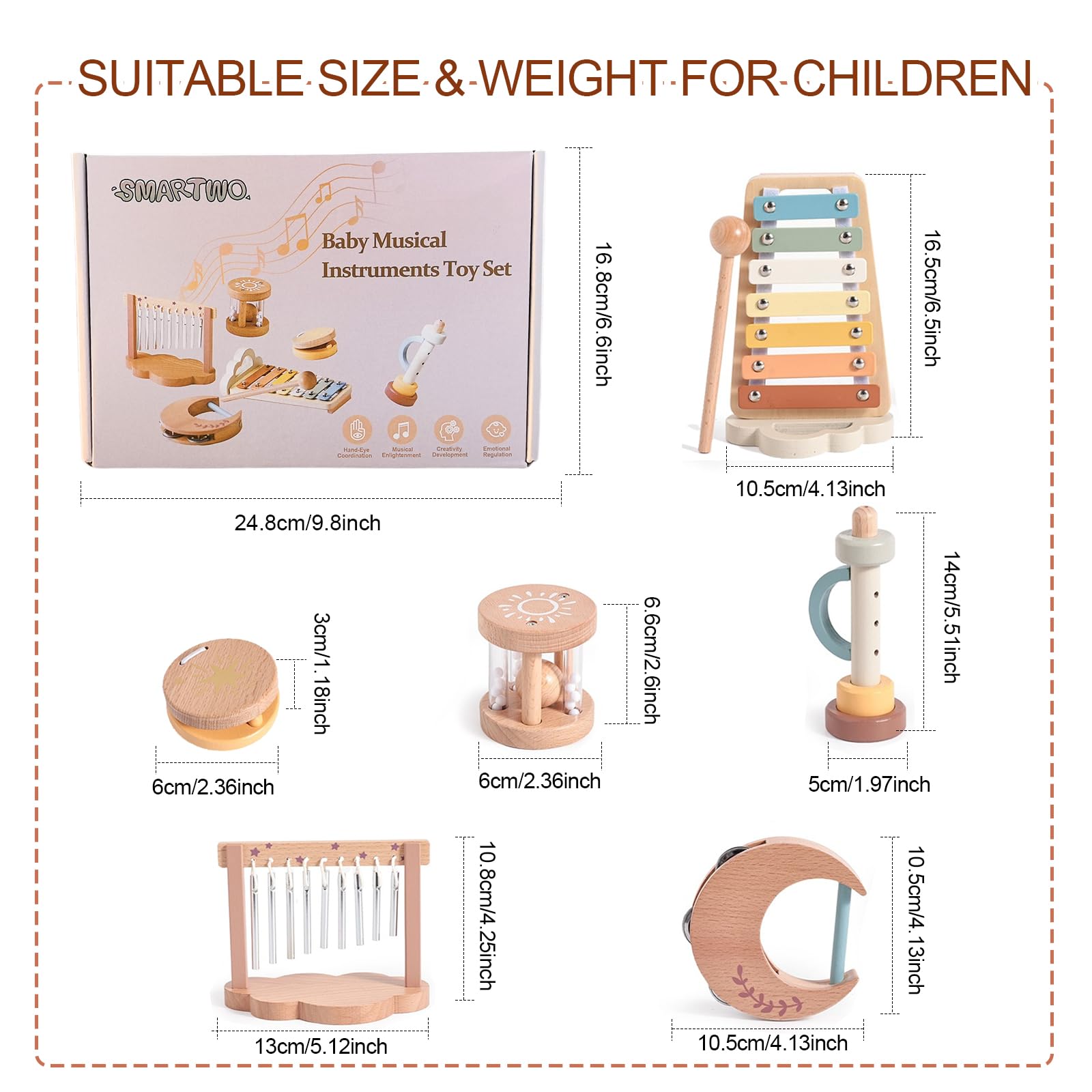 Musikinstrumente für Kinder ab 1 2 3 Jahre, Montessori Baby Musikspielzeug, Musik Instrumente Holzspielzeug Set mit Xylophon Flöte Kastagnette, Geschenk für Mädchen Jungen Kleinkind