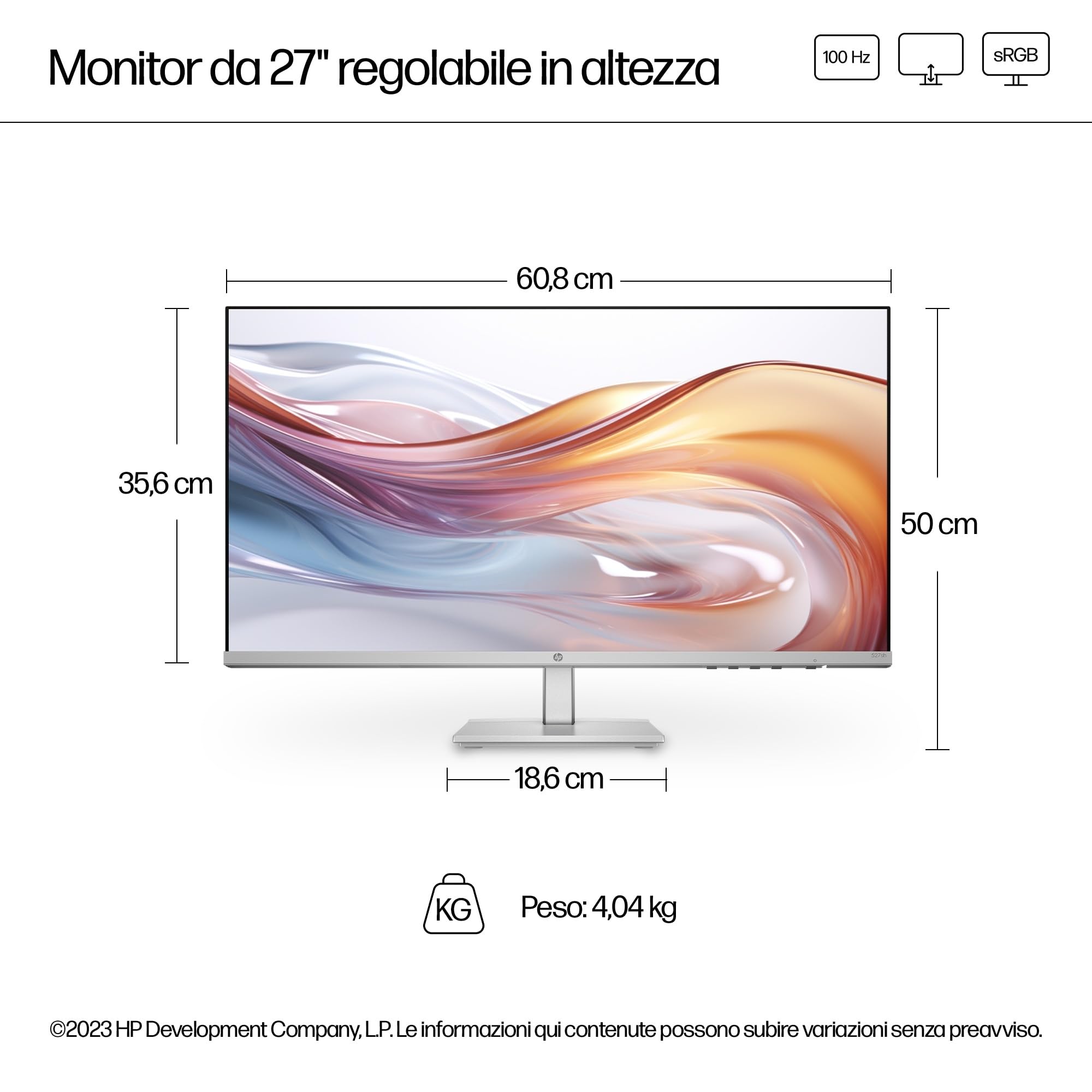 HP 527sh Monitor, Schermo da 27" FHD IPS Antiriflesso, Tecnologia Eye Ease, Tempo Risposta 5 ms GtG Overdrive, Risoluzione 1920 x 1080, Software Display Center, HDMI, Nero