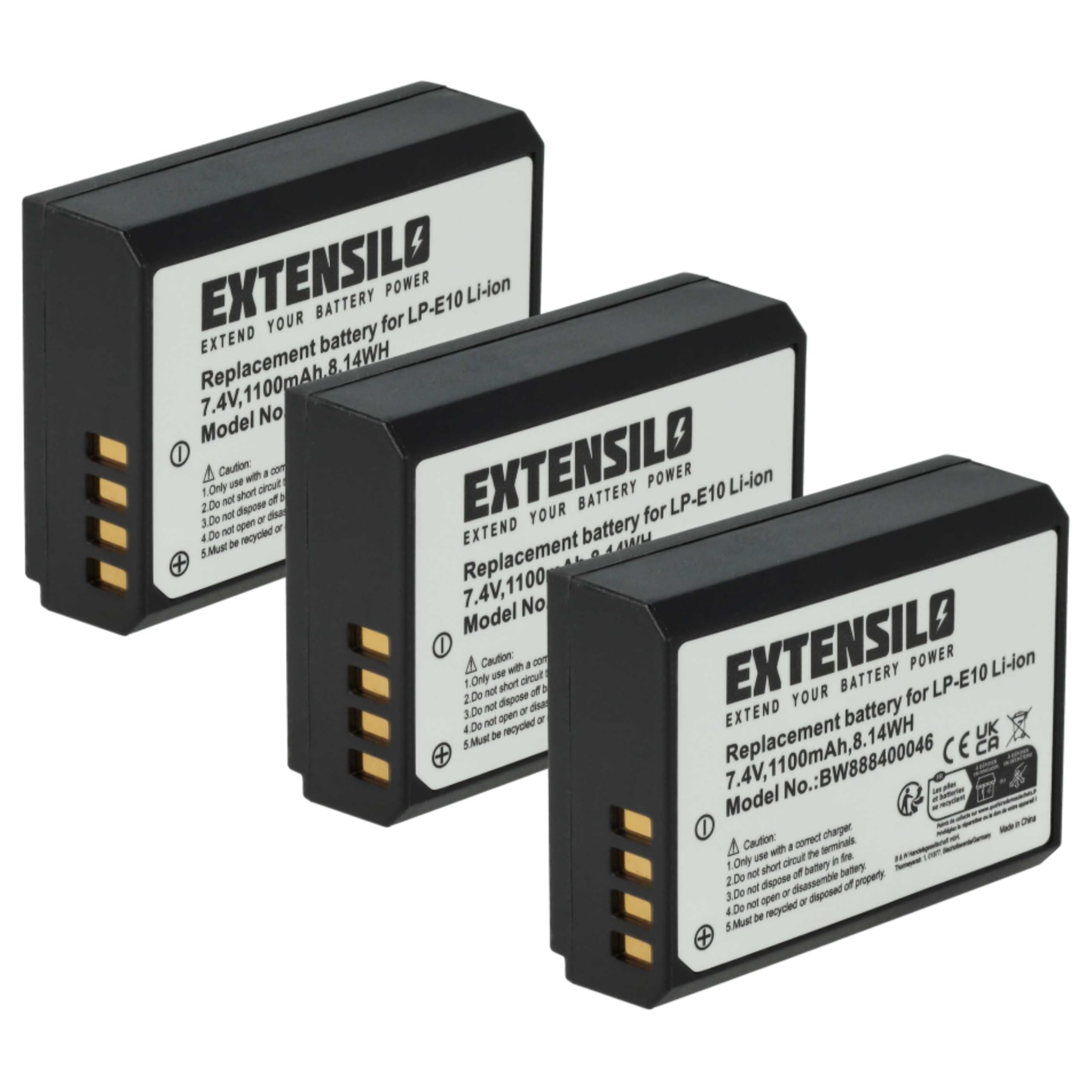 3x batteria compatibile con Canon EOS 1100D, 1D X, 1D X Mark II, 2000D, 1200D, 3000D, 1300D, 1500D fotocamera (1100mAh, 7,4V, Li-Ion)