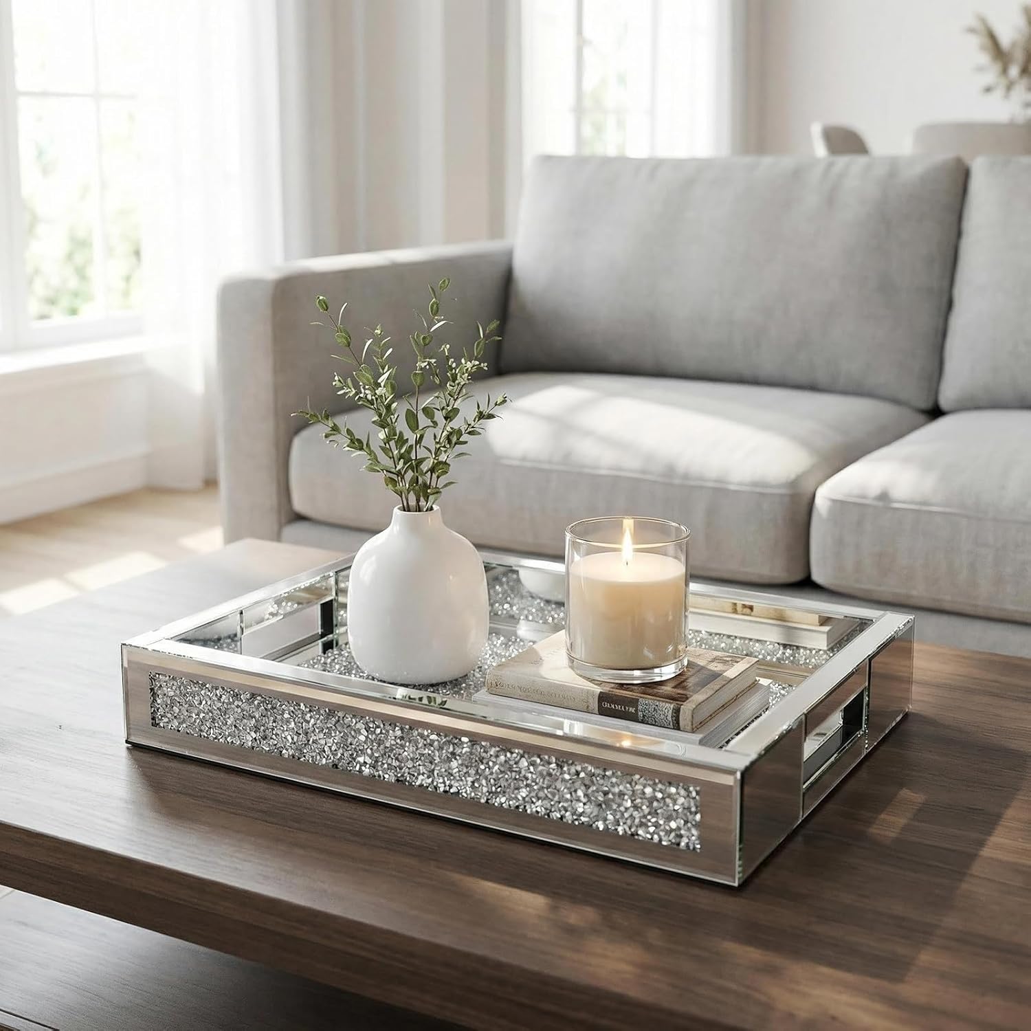 Large Vanity Tray for Perfume Organizer, 15x11 Inch Silver Mirror Tray with Handles, Crushed Diamond Tray for Bathroom Counter, Coffee Table Decor, Jewelry Display